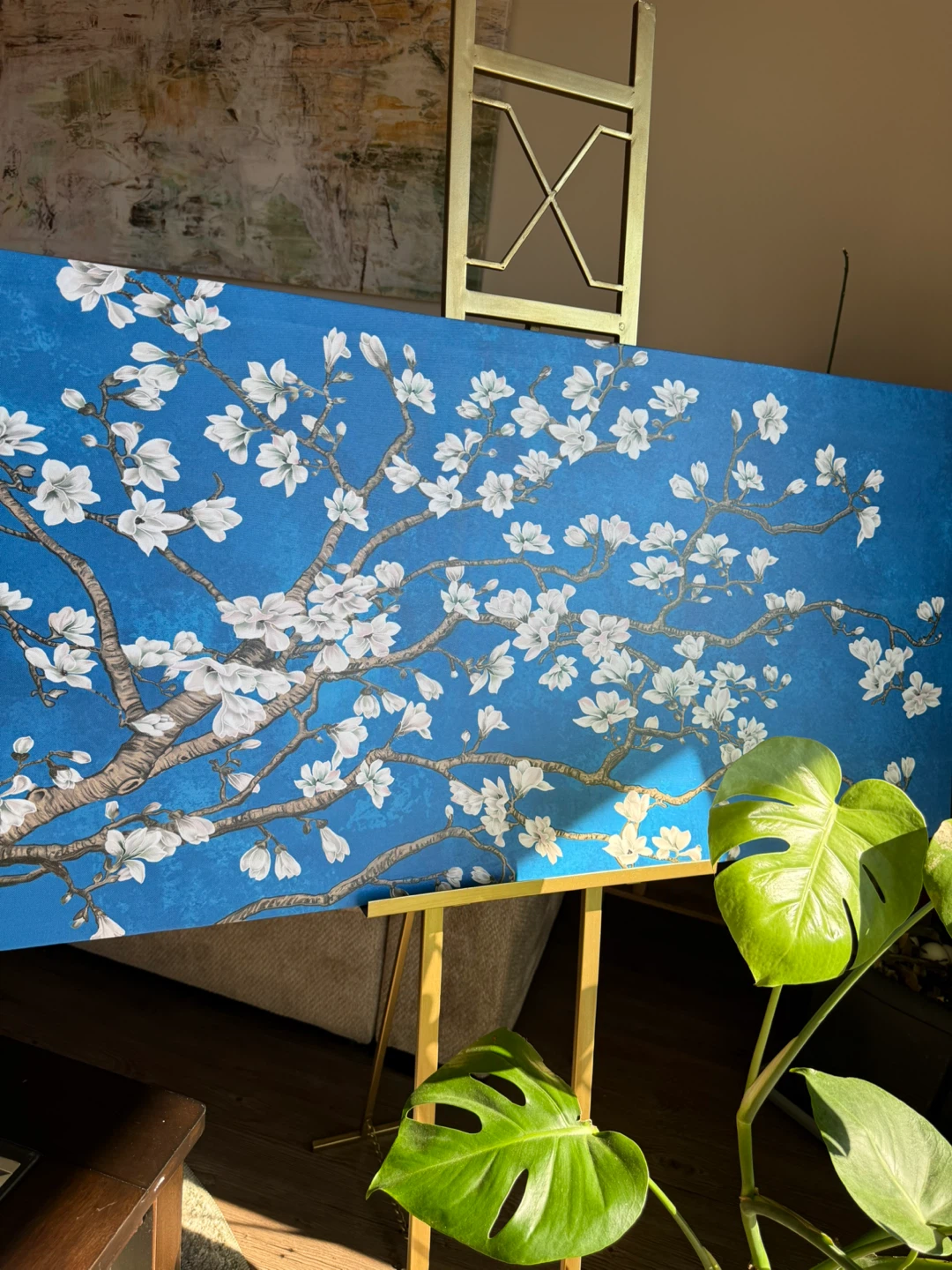 Floral Tree Painting on Blue Canvas - photo 4