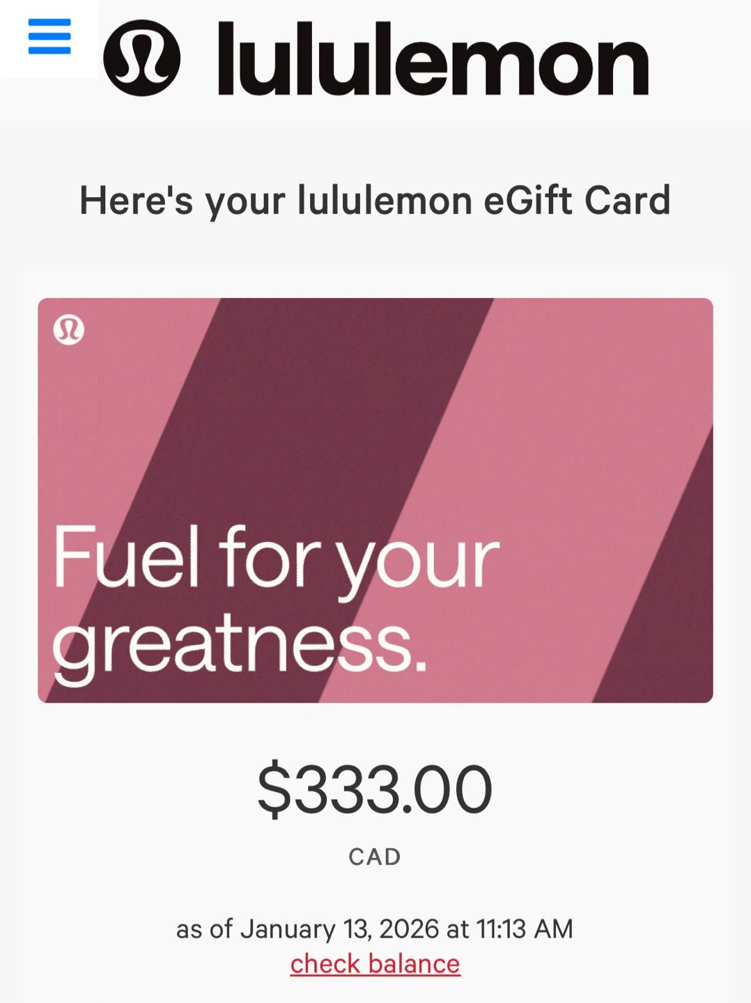Lululemon $333 Giftcard