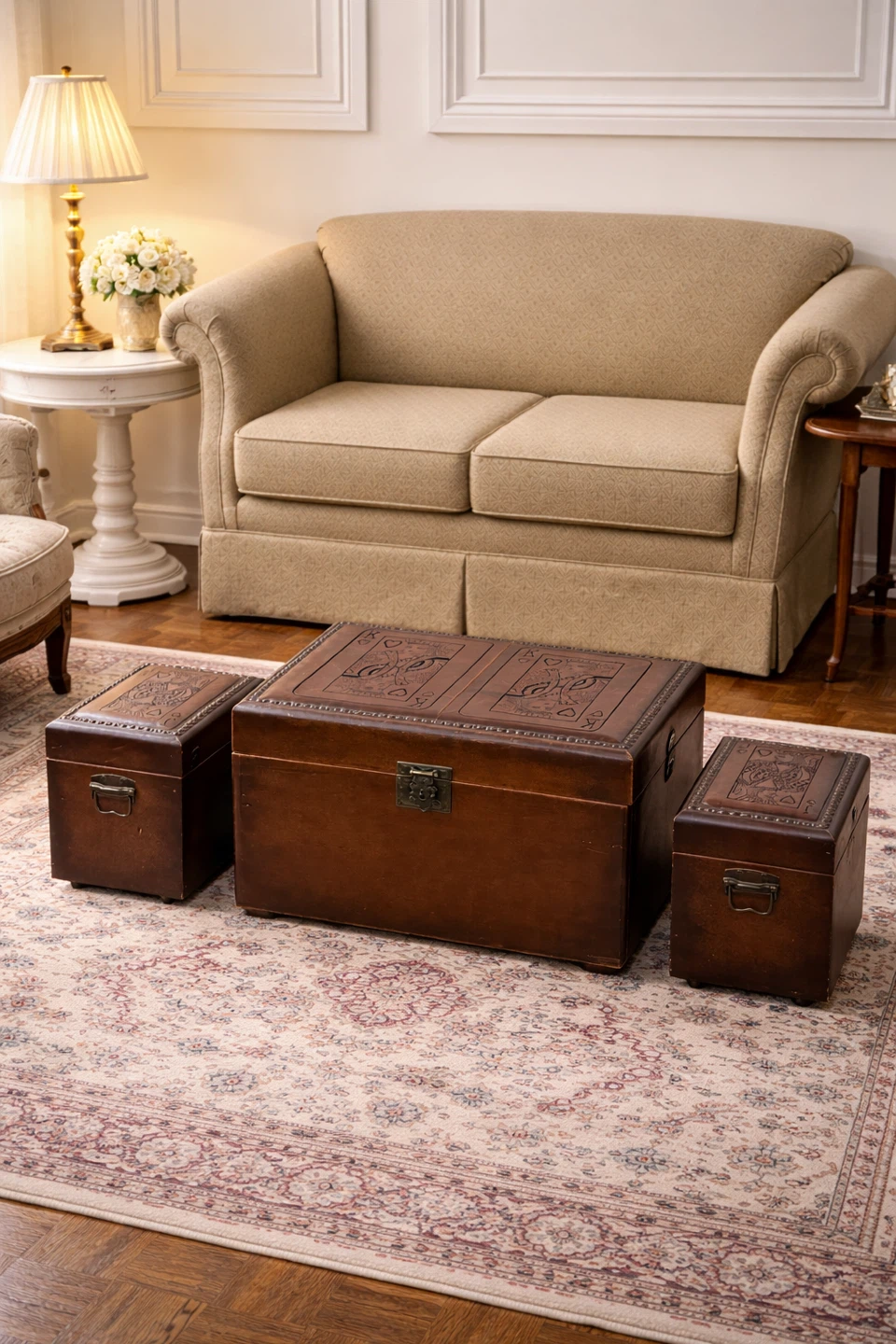 Leather Trunk Coffee Table with Side Tables