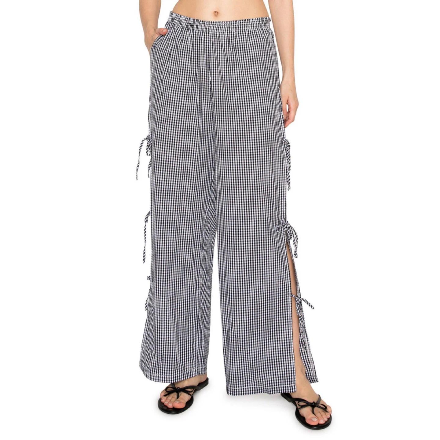 Gingham Side Tie Pull-On Cotton Pants