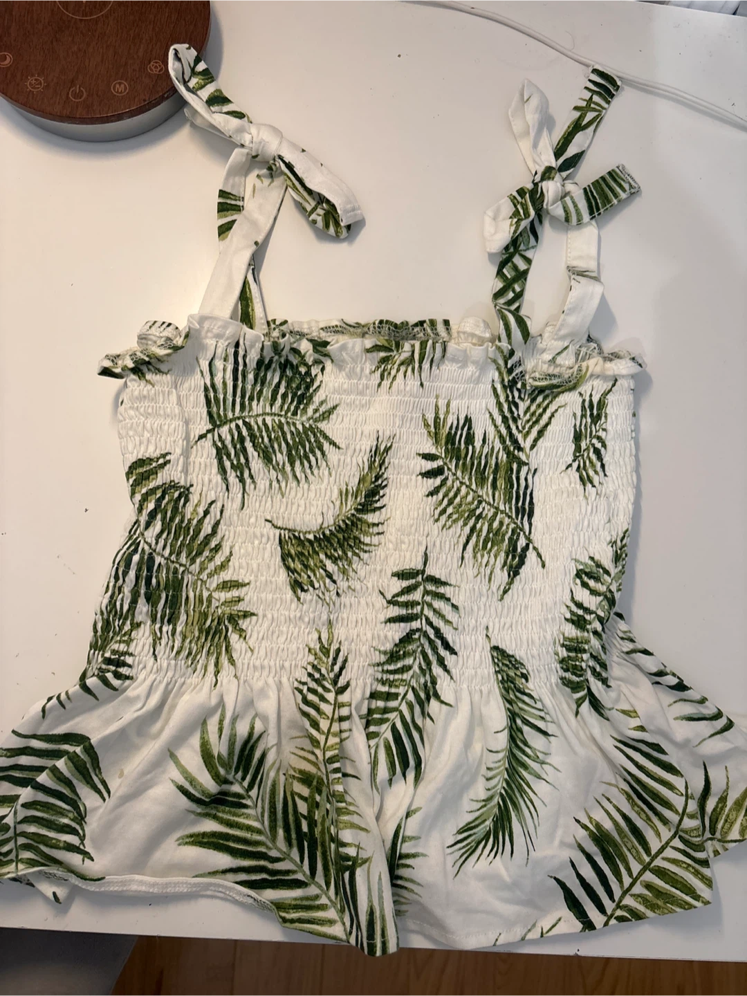 White & Green Palm Print Top