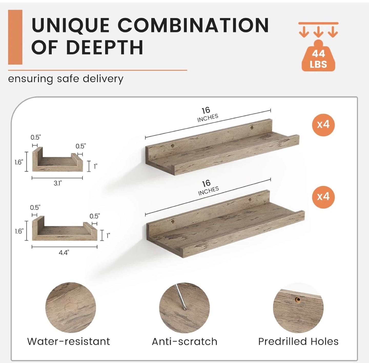 Set of 8 Floating Wall Shelves, Wood Grain - photo 2