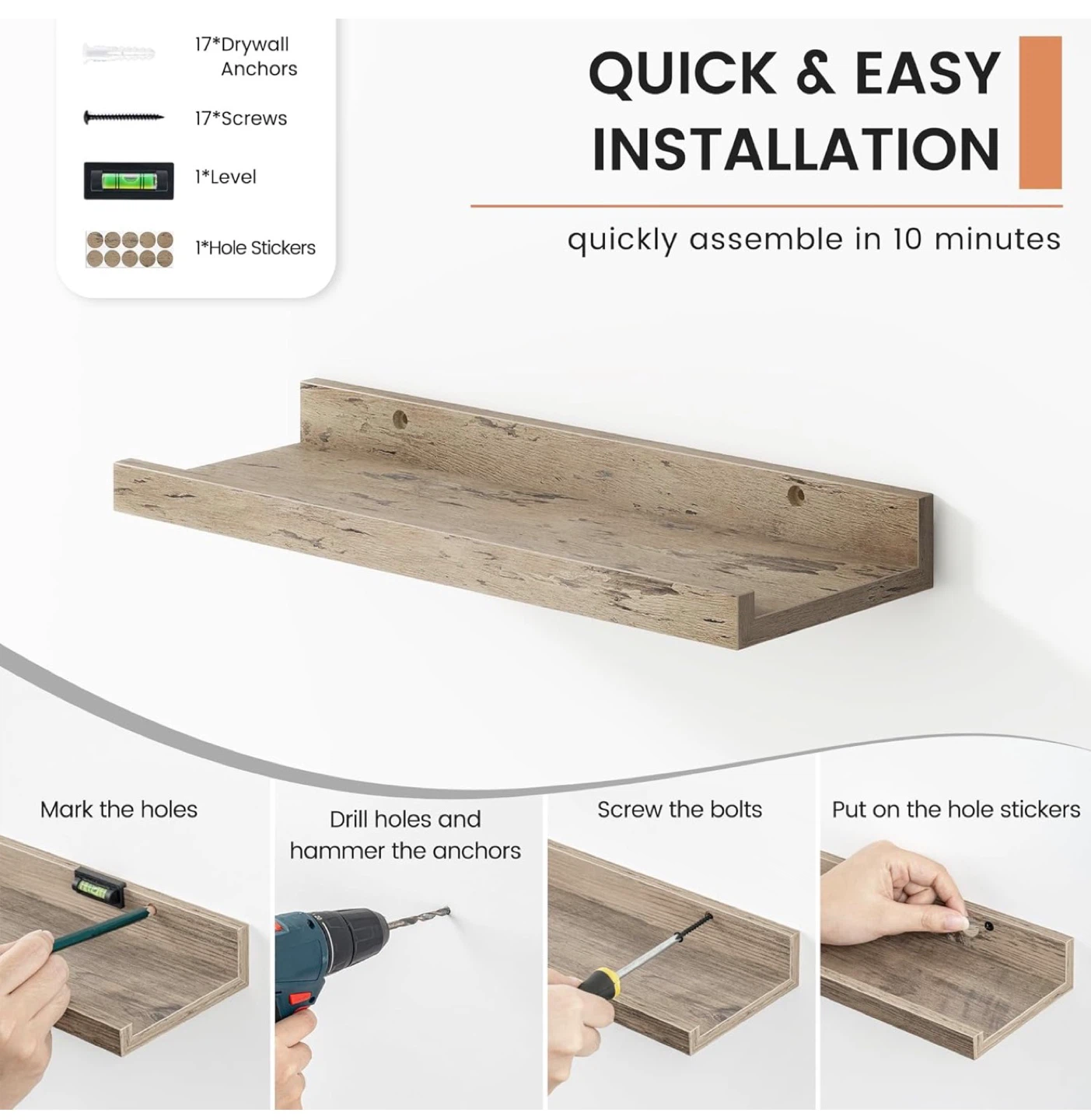 Set of 8 Floating Wall Shelves, Wood Grain - photo 4