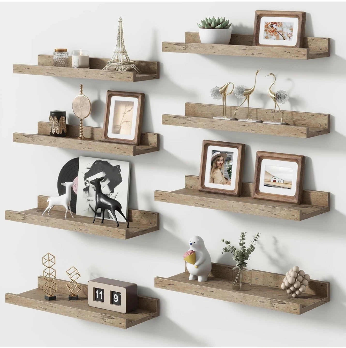 Set of 8 Floating Wall Shelves, Wood Grain