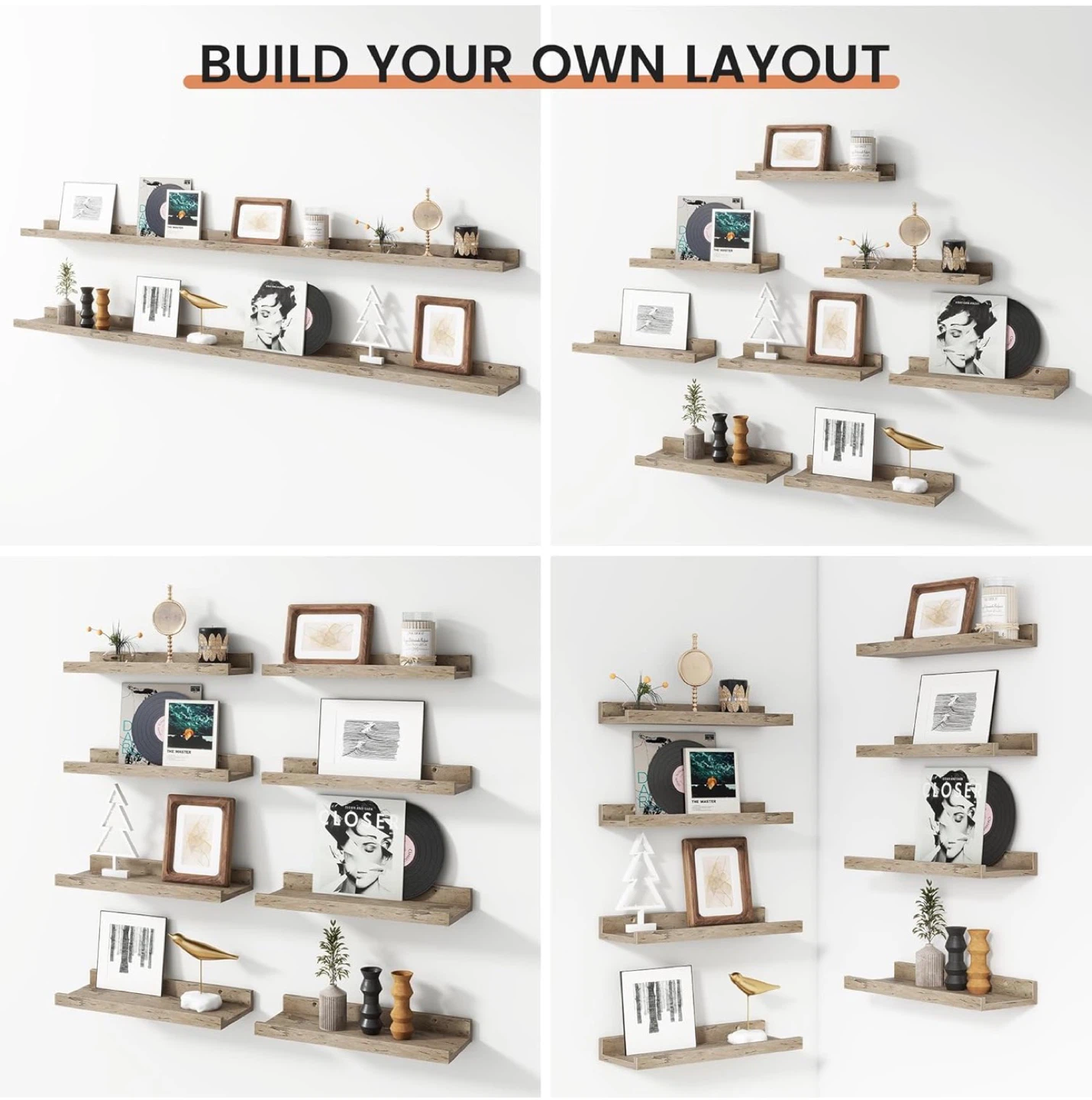 Set of 8 Floating Wall Shelves, Wood Grain - photo 5