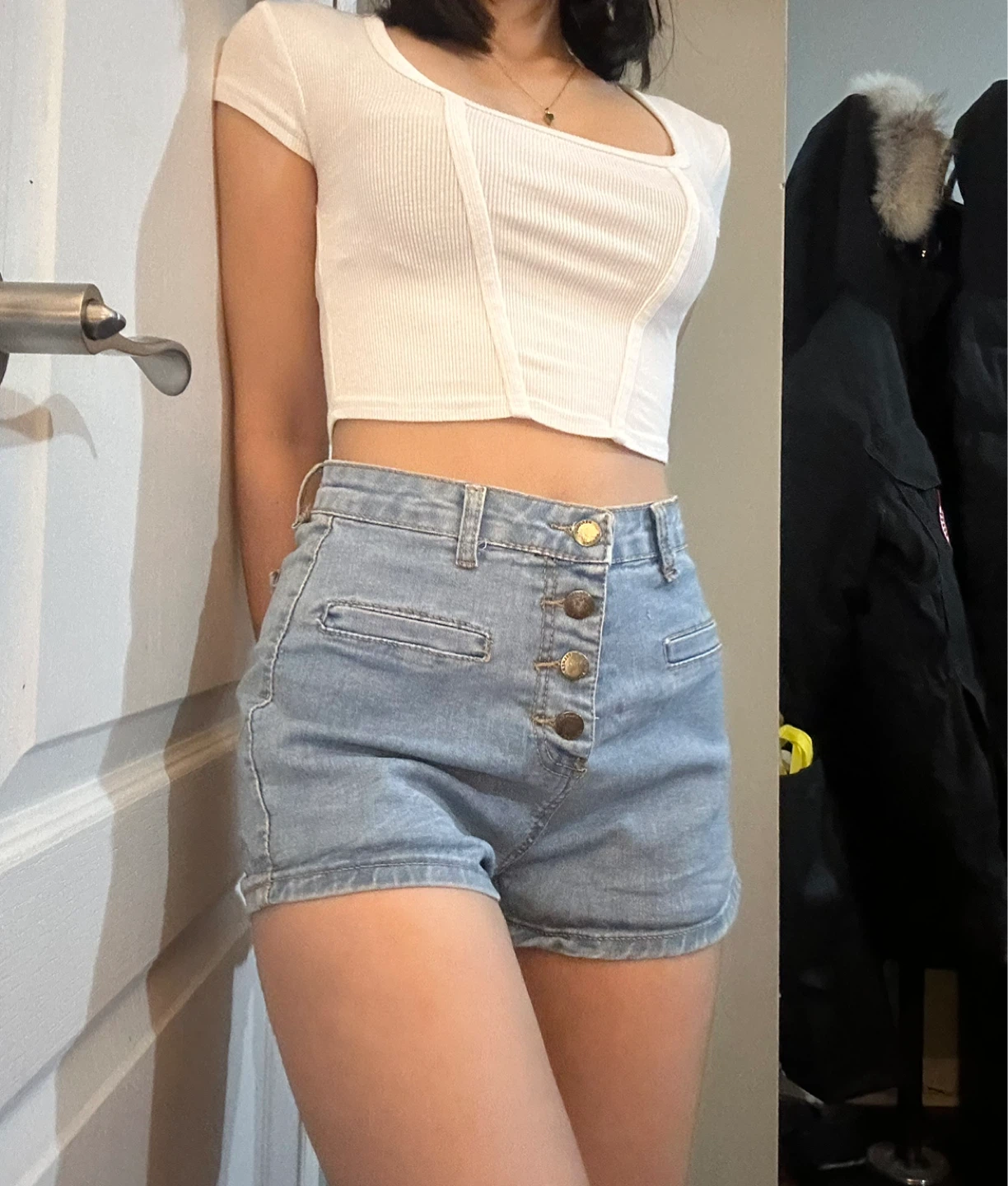 Denim Button-Front Shorts - Size S