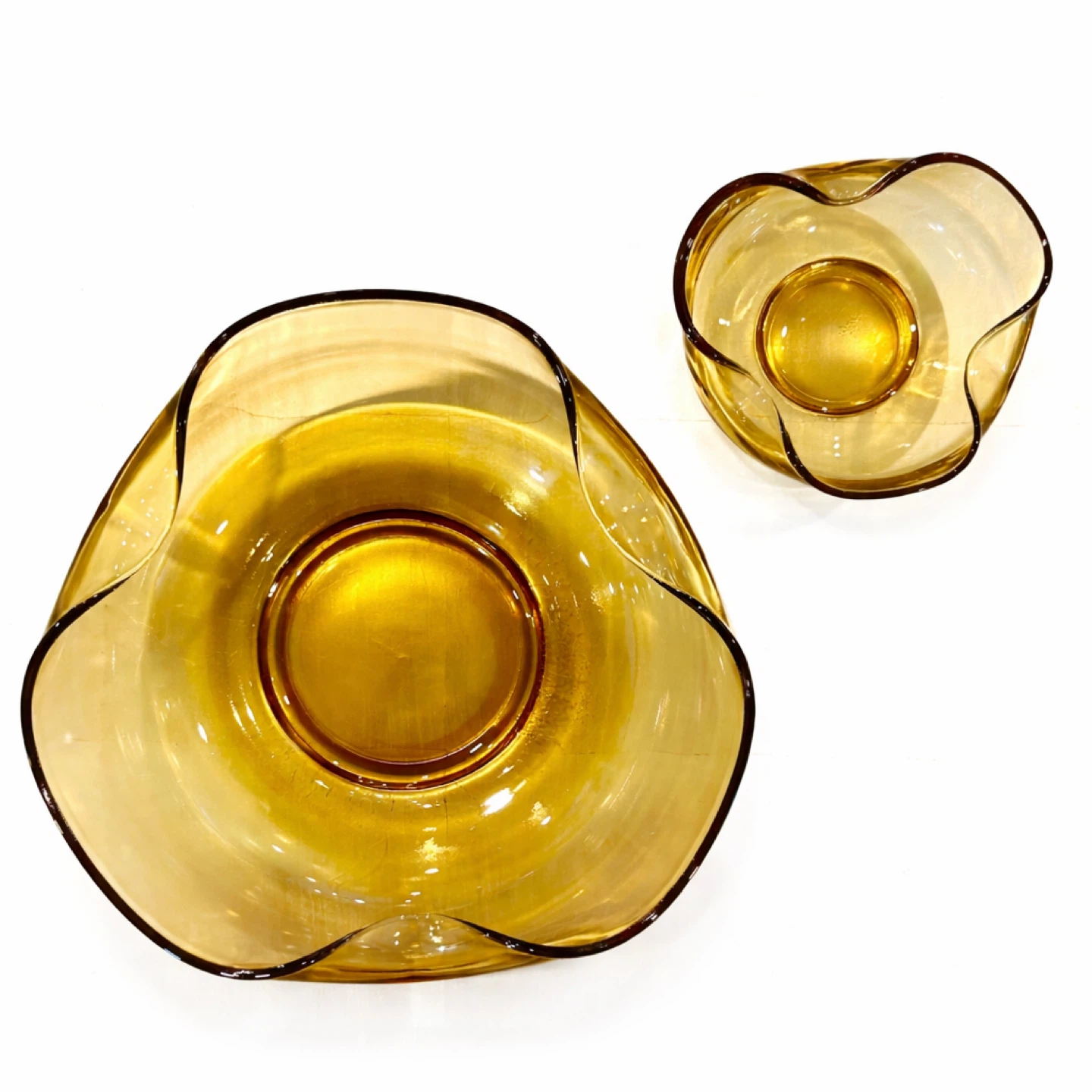 Mid-Century Amber Handkerchief Art Glass Bowls, Set of 2 - photo 3