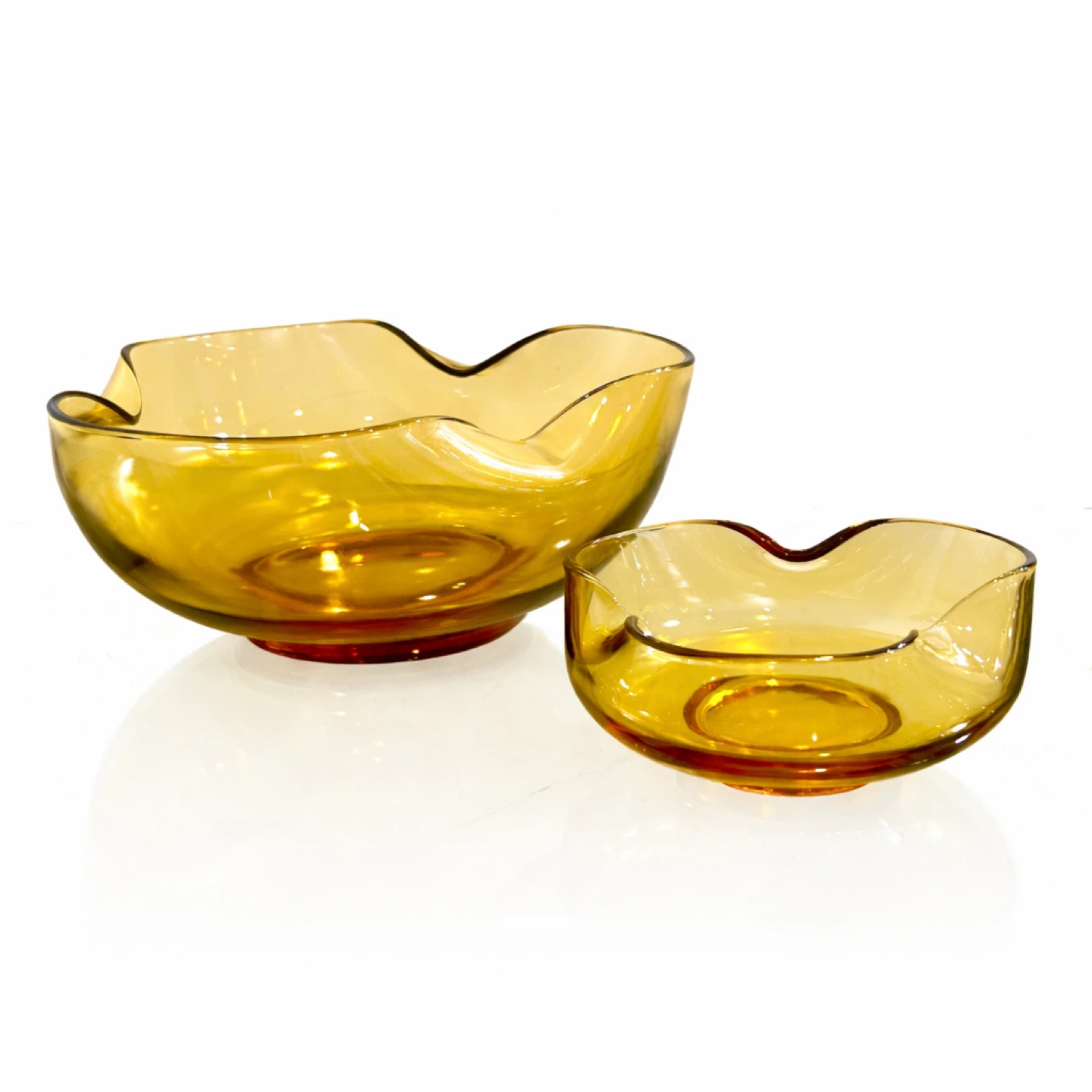 Mid-Century Amber Handkerchief Art Glass Bowls, Set of 2