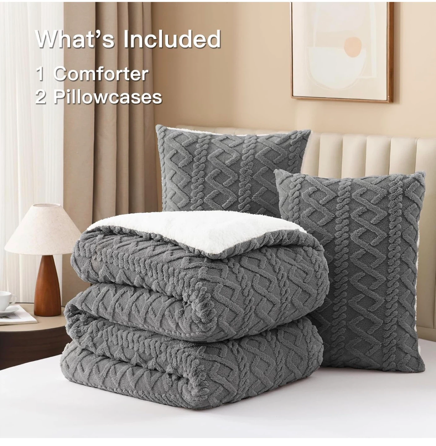 Andency Grey Boho Tufted Sherpa Velvet Comforter Set. Full size