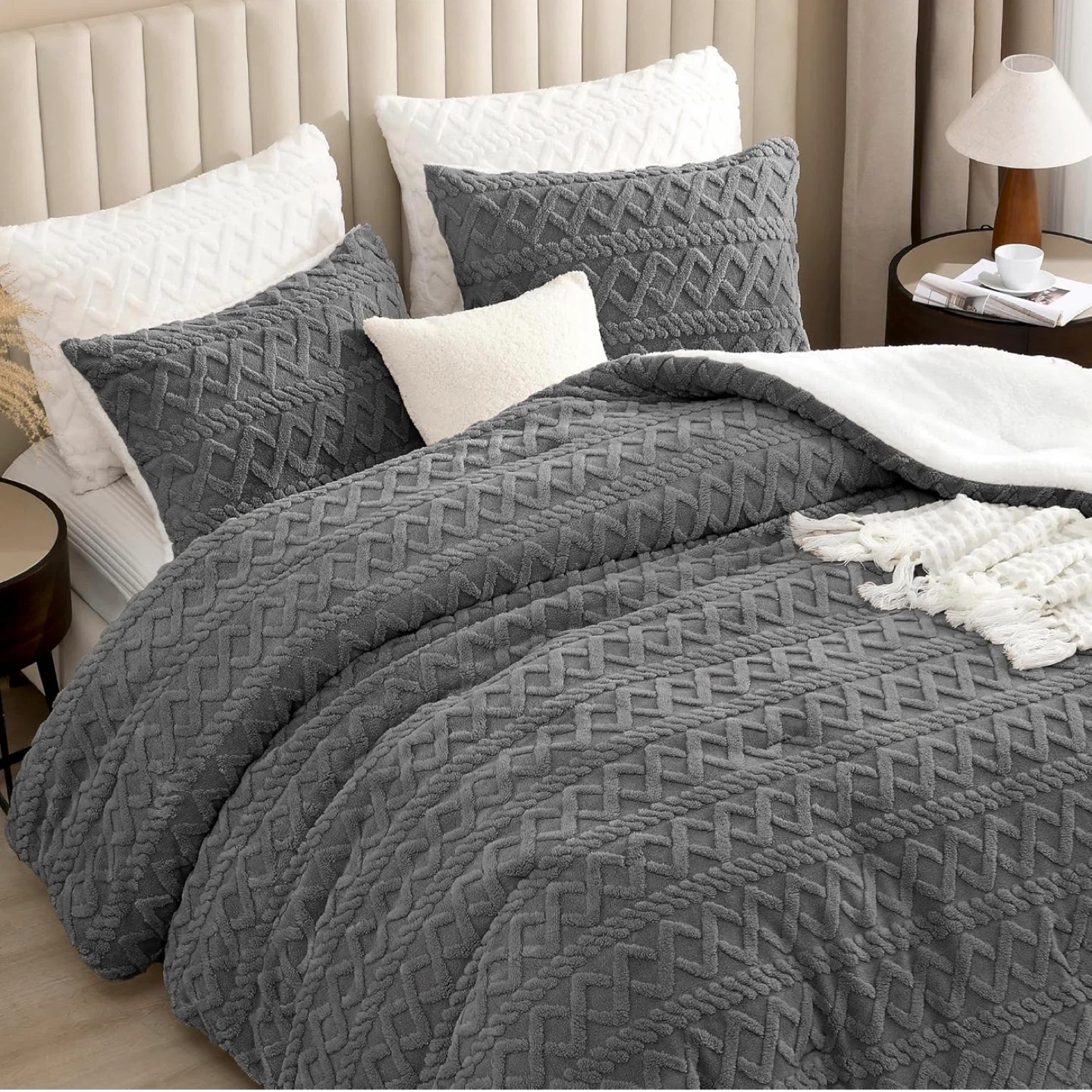 Andency Grey Boho Tufted Sherpa Velvet Comforter Set. Full size - photo 2