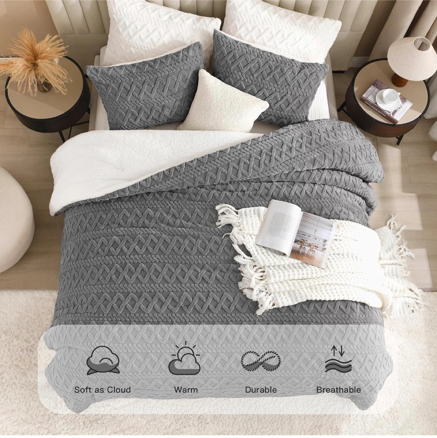 Andency Grey Boho Tufted Sherpa Velvet Comforter Set. Full size - photo 3