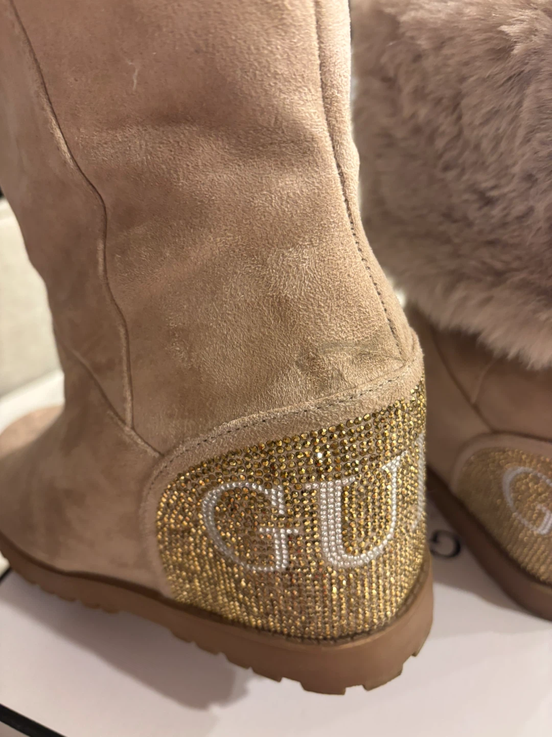Guess Beige Suede Boots with Fur Trim
