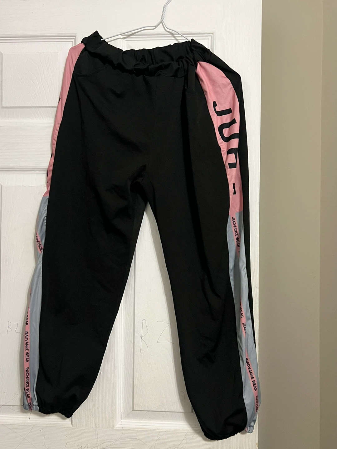 Black Track Pants with Pink & Grey Stripes
