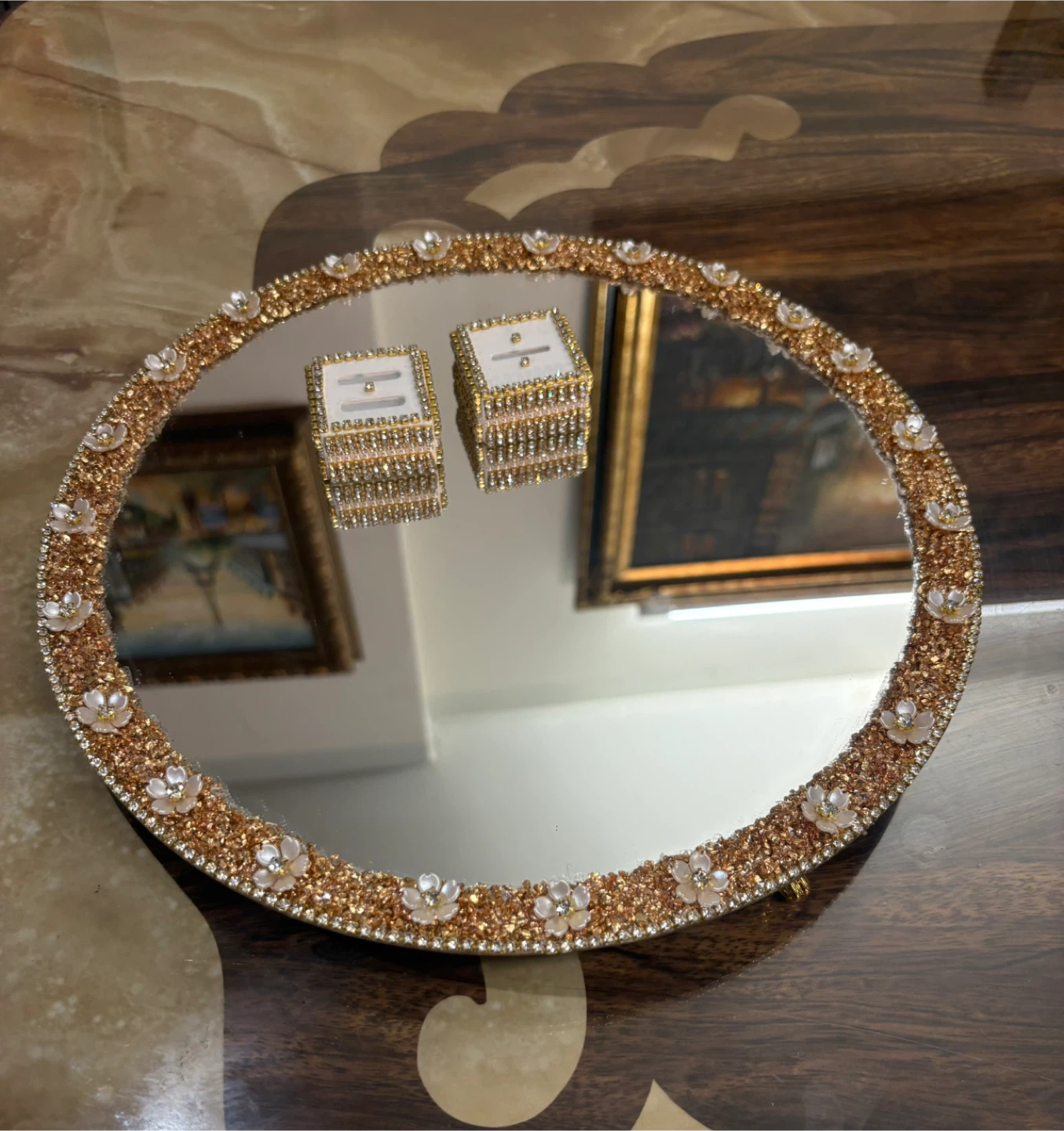 Round Mirror Tray with gold stone with white floral & rhinestone