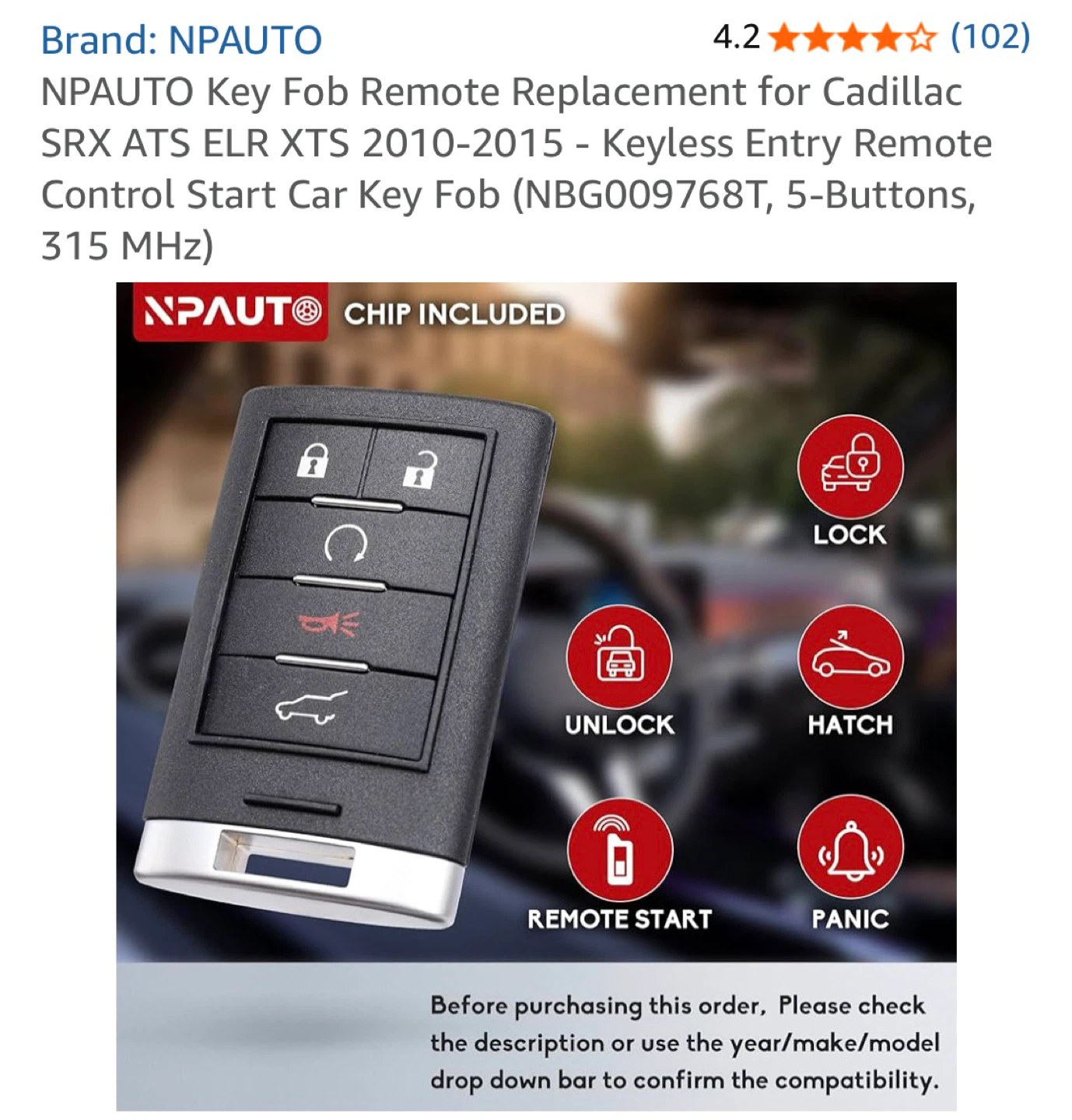 NPAUTO Cadillac SRX ELR Key Fob - photo 2