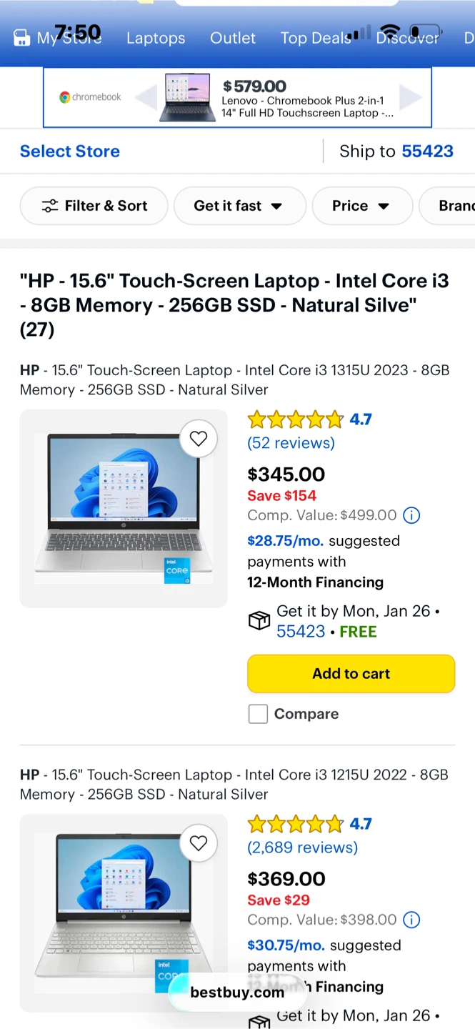 HP 15.6" Touchscreen Laptop - Intel Core i3, 8GB, 256GB SSD