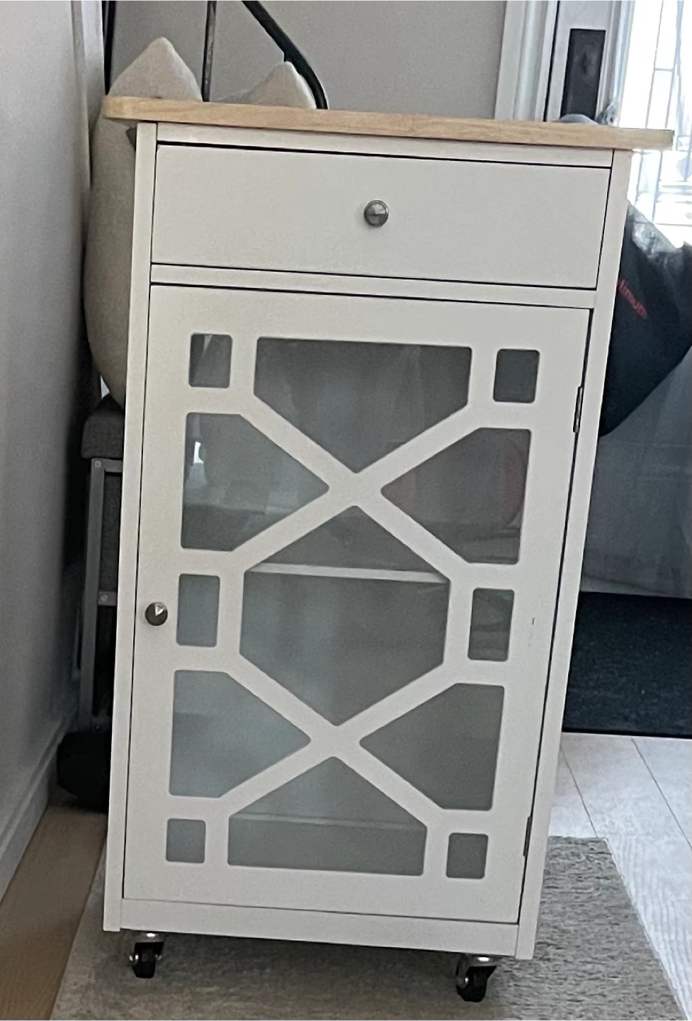 White Accent Cabinet with Drawer, on Wheels