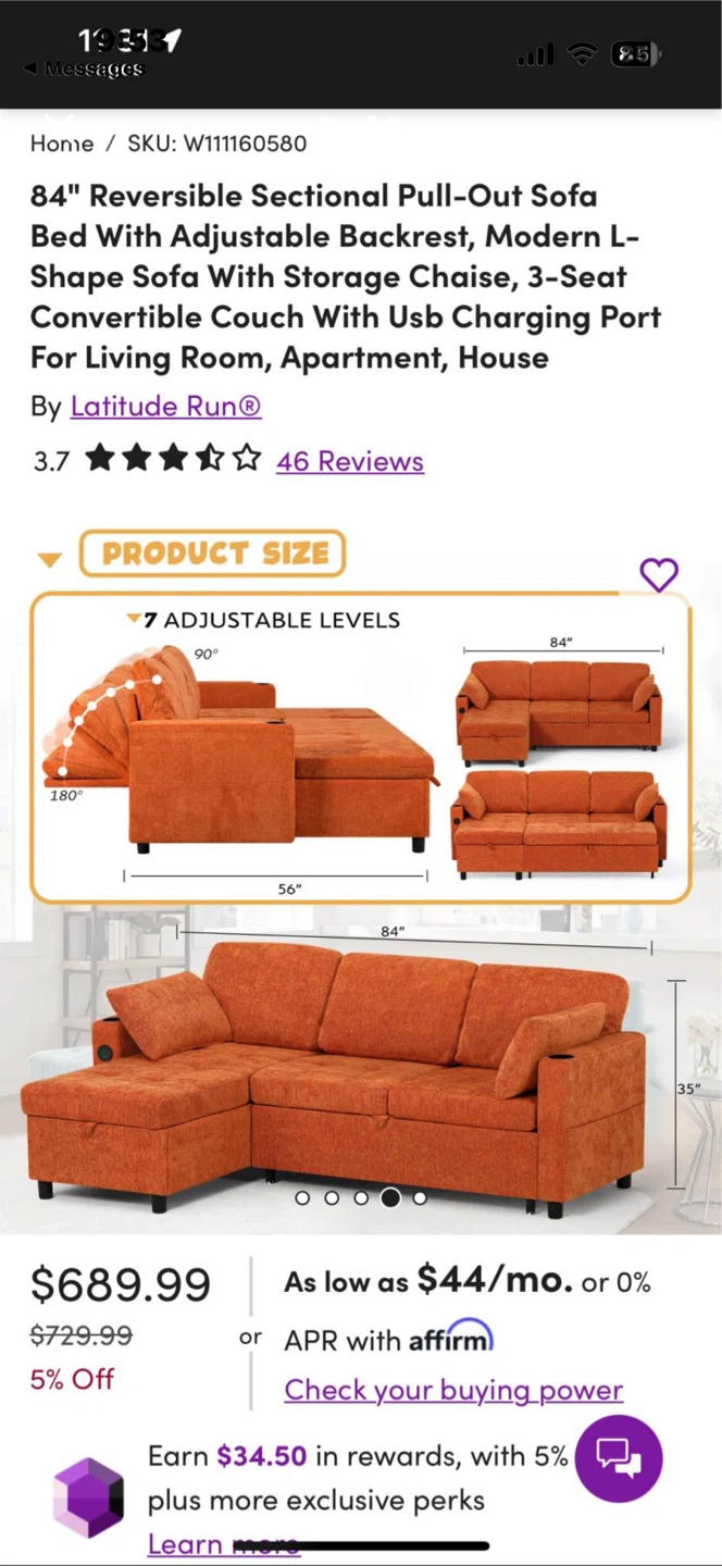 84" Orange Pull-Out Couch - photo 5
