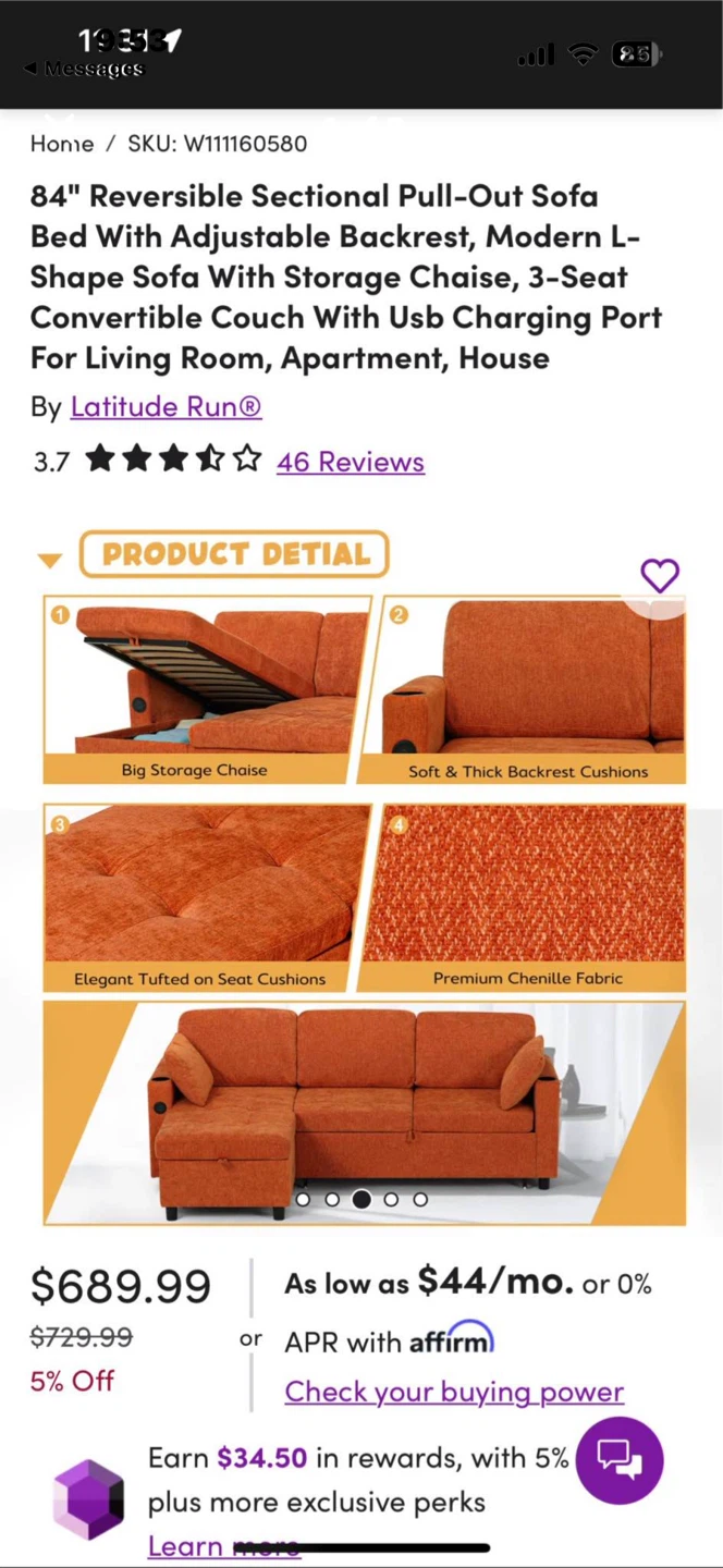 84" Orange Pull-Out Couch - photo 4