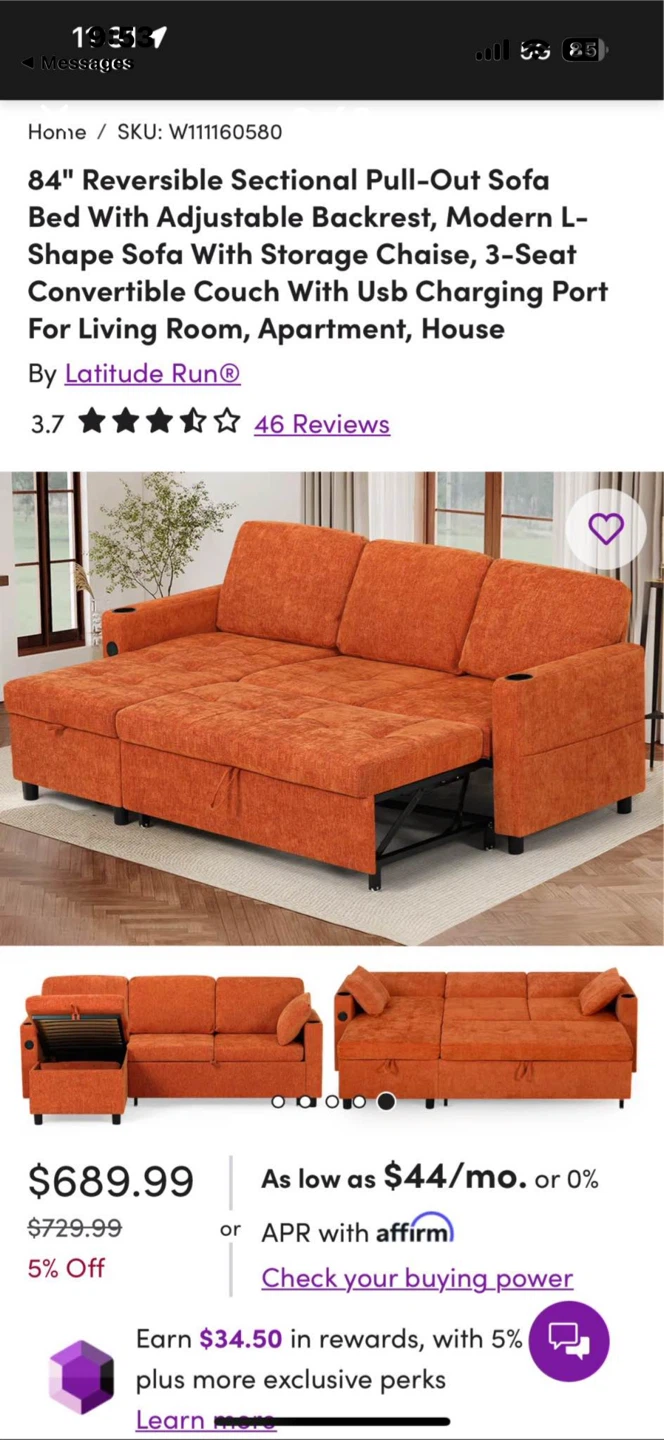 84" Orange Pull-Out Couch - photo 2