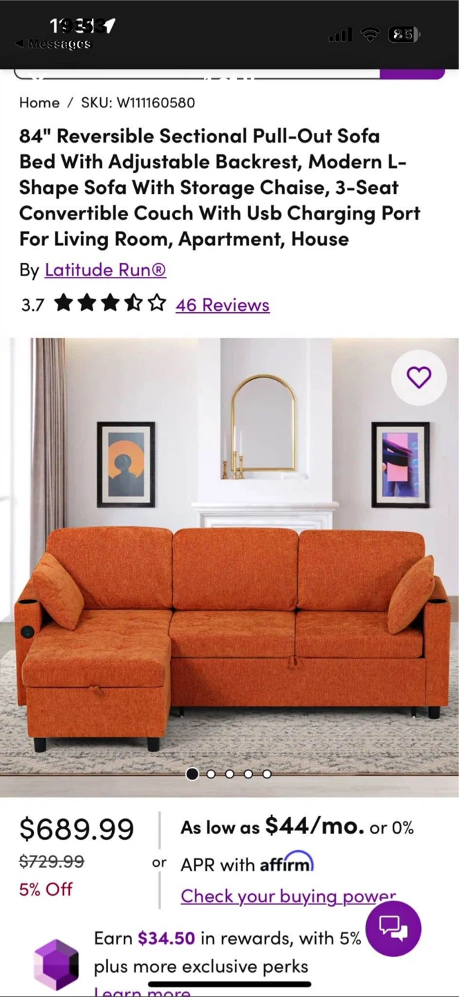 84" Orange Pull-Out Couch