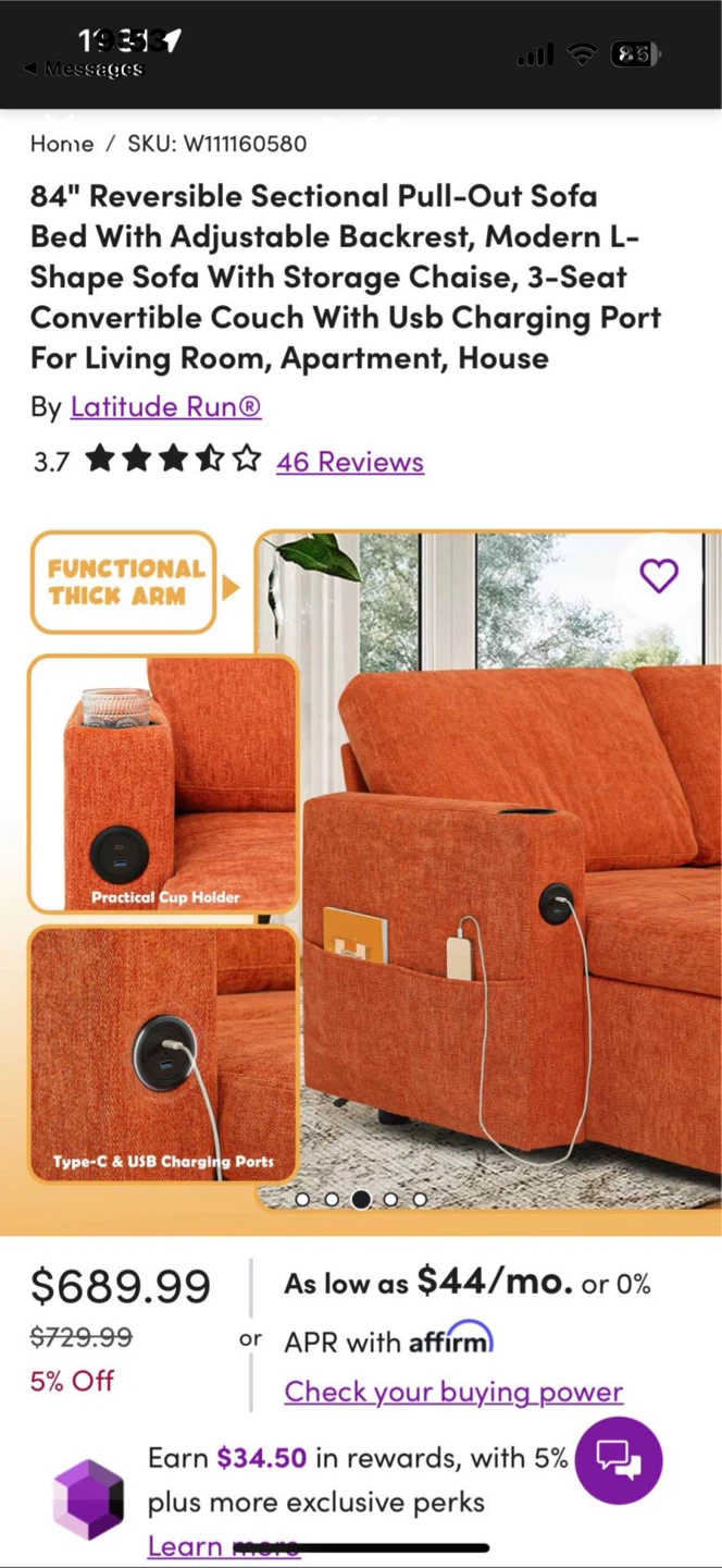 84" Orange Pull-Out Couch - photo 3