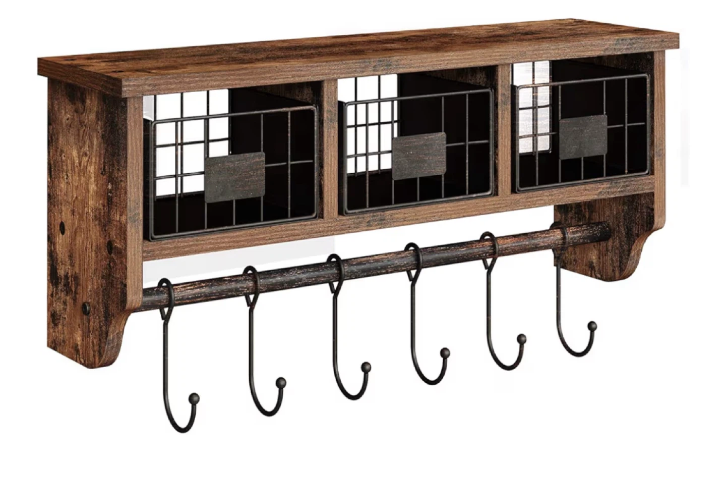 Rustic Wood Shelf with Baskets & Hooks