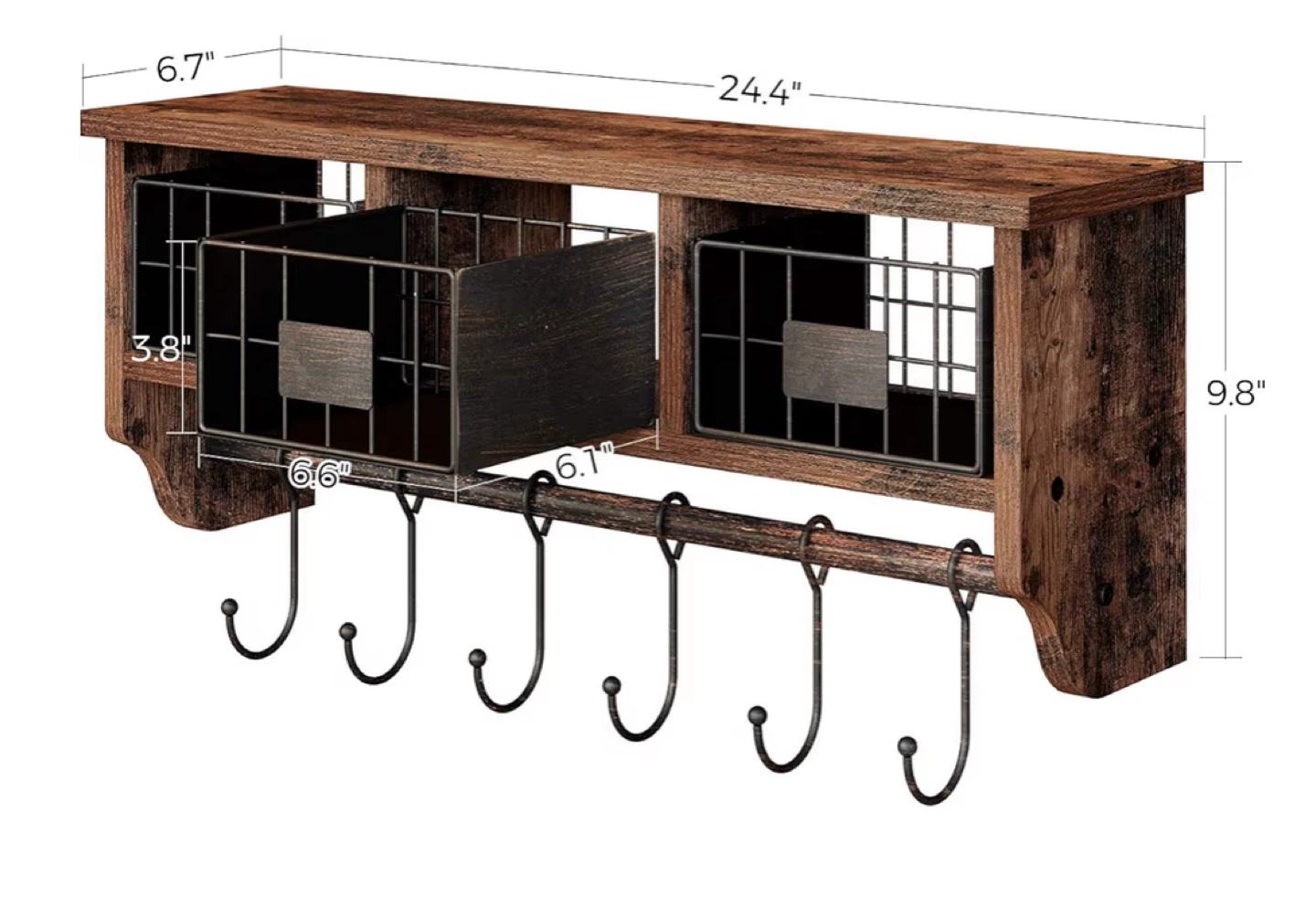 Rustic Wood Shelf with Baskets & Hooks - photo 2