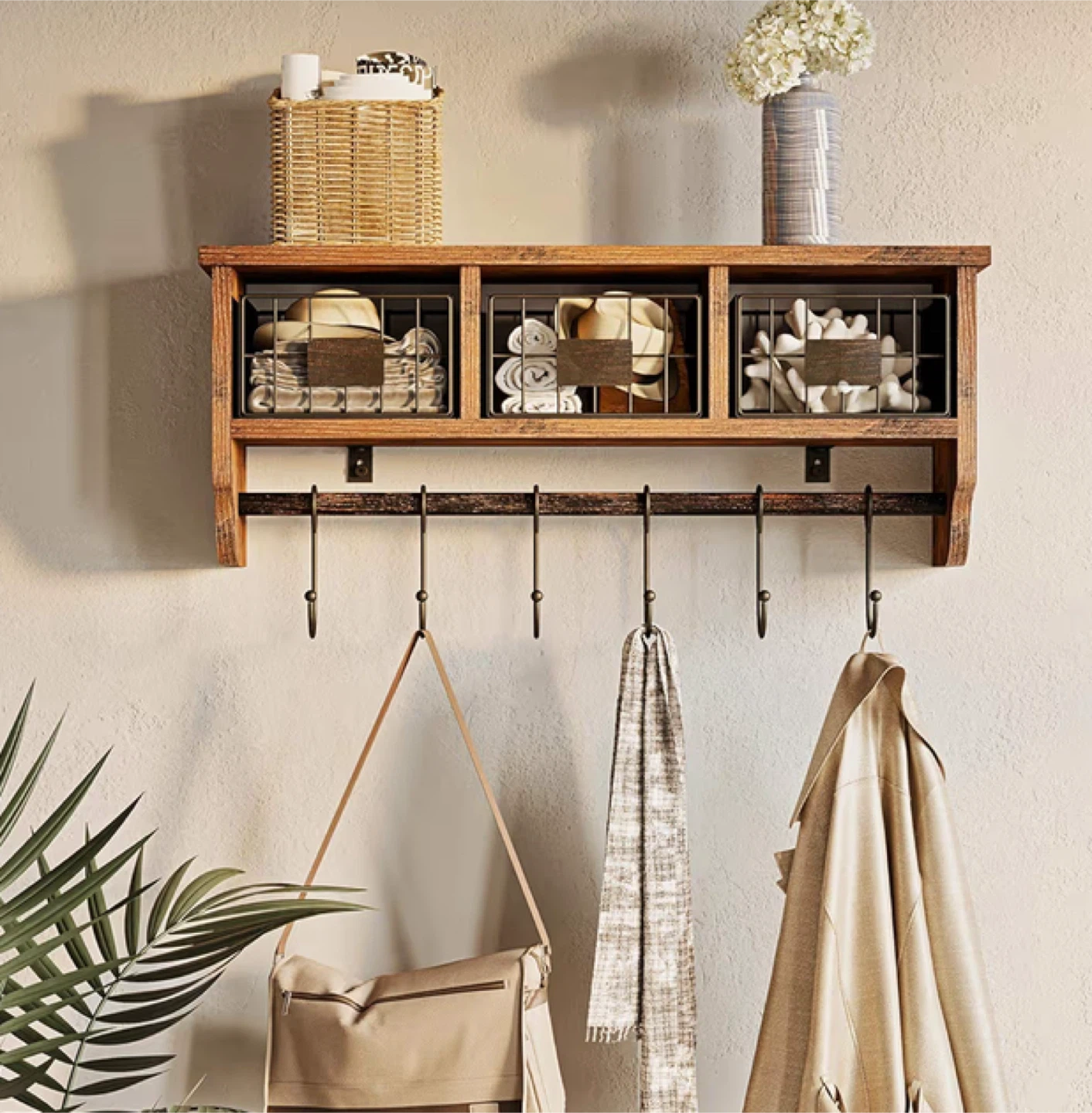 Rustic Wood Shelf with Baskets & Hooks - photo 3