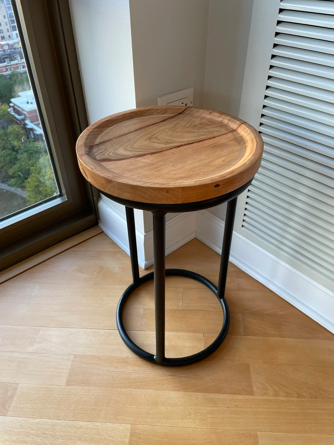 Round Wooden Side Table with Metal Base