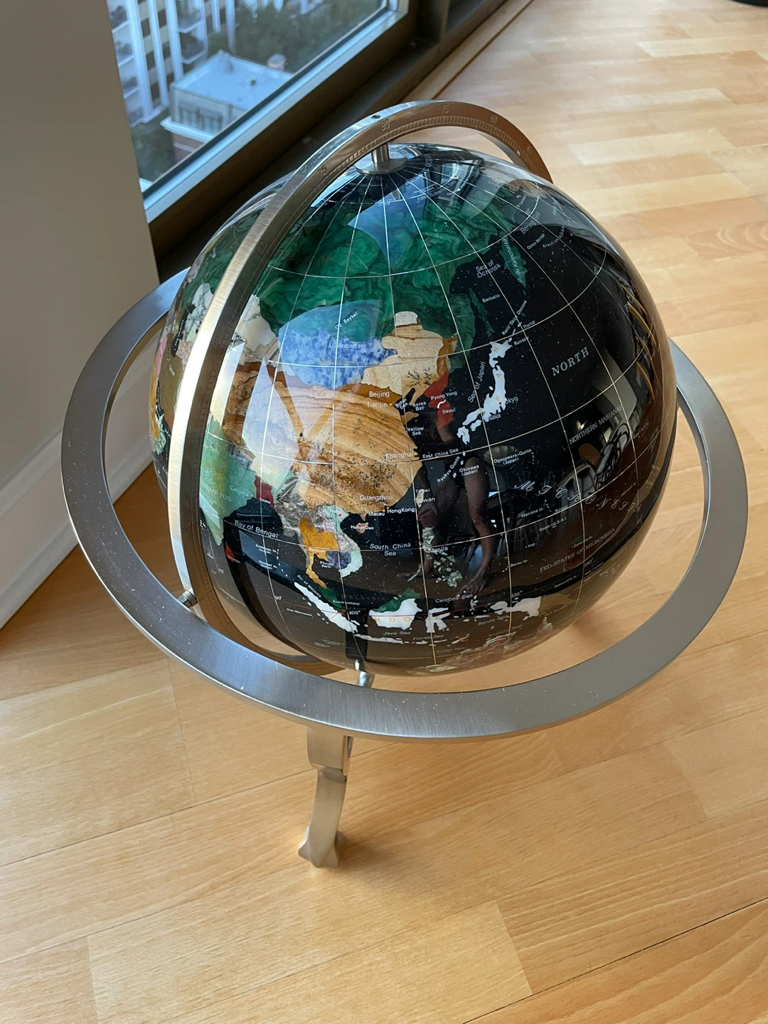 20” Black Onyx Gemstone Decorative Globe with Silver Stand