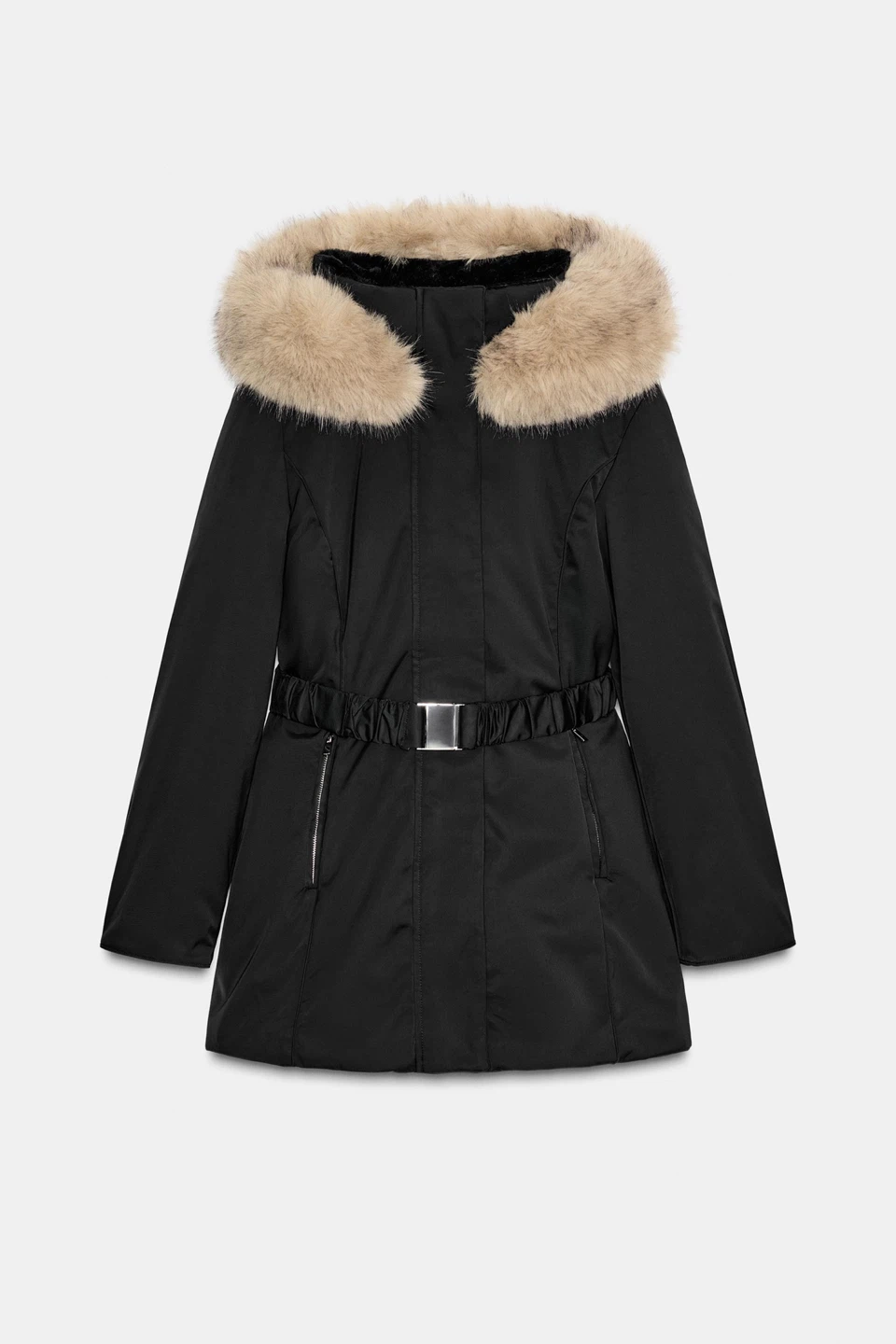 Black Zara Faux Fur Trim Hooded Belted Puffer Coat
