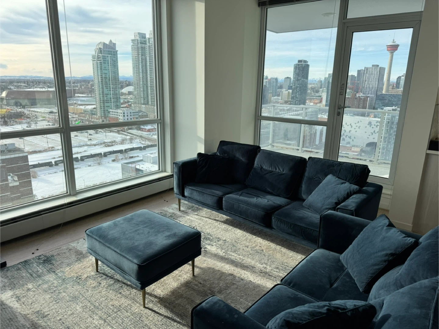 Blue Velvet Ottoman and Sofa Set