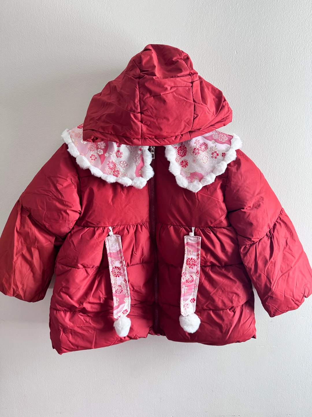 Red Padded Winter Coat with Floral Collar Toddler size 6-7at