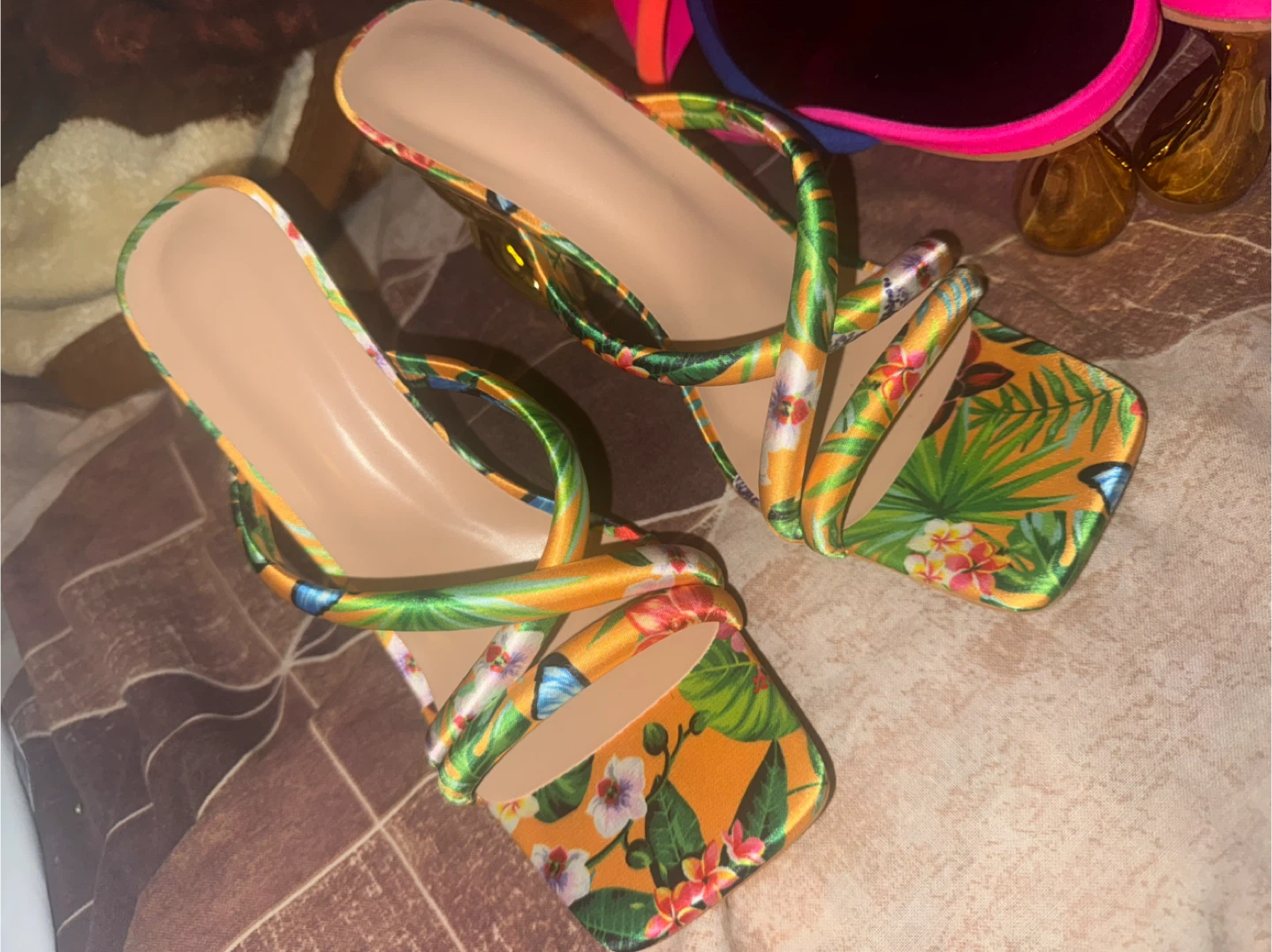Floral Print Heels with Gold Chain Heel