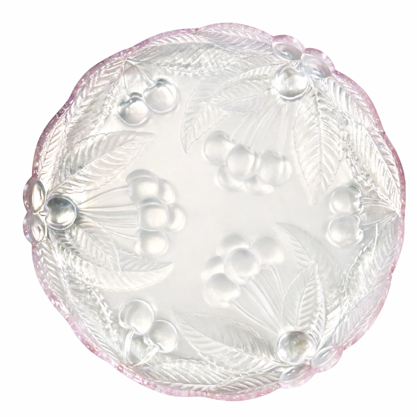 Frosted Cherry & Leaf Crystal Platter, Blush Rim, 12”