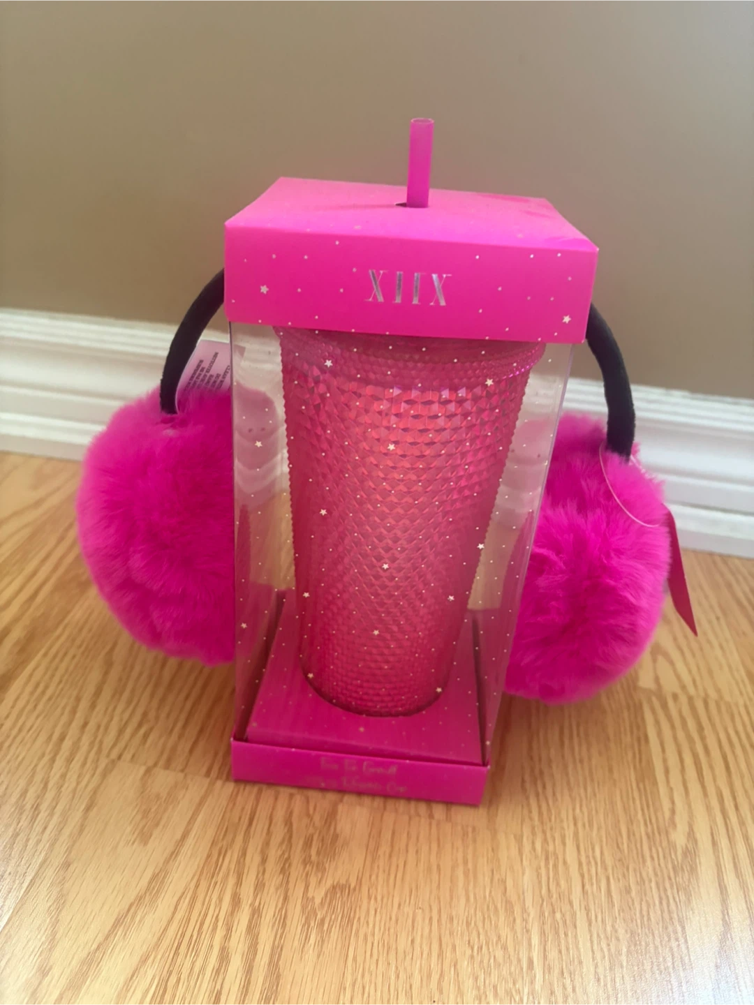 Pink Studded Tumbler with Faux Fur Earmuffs Set