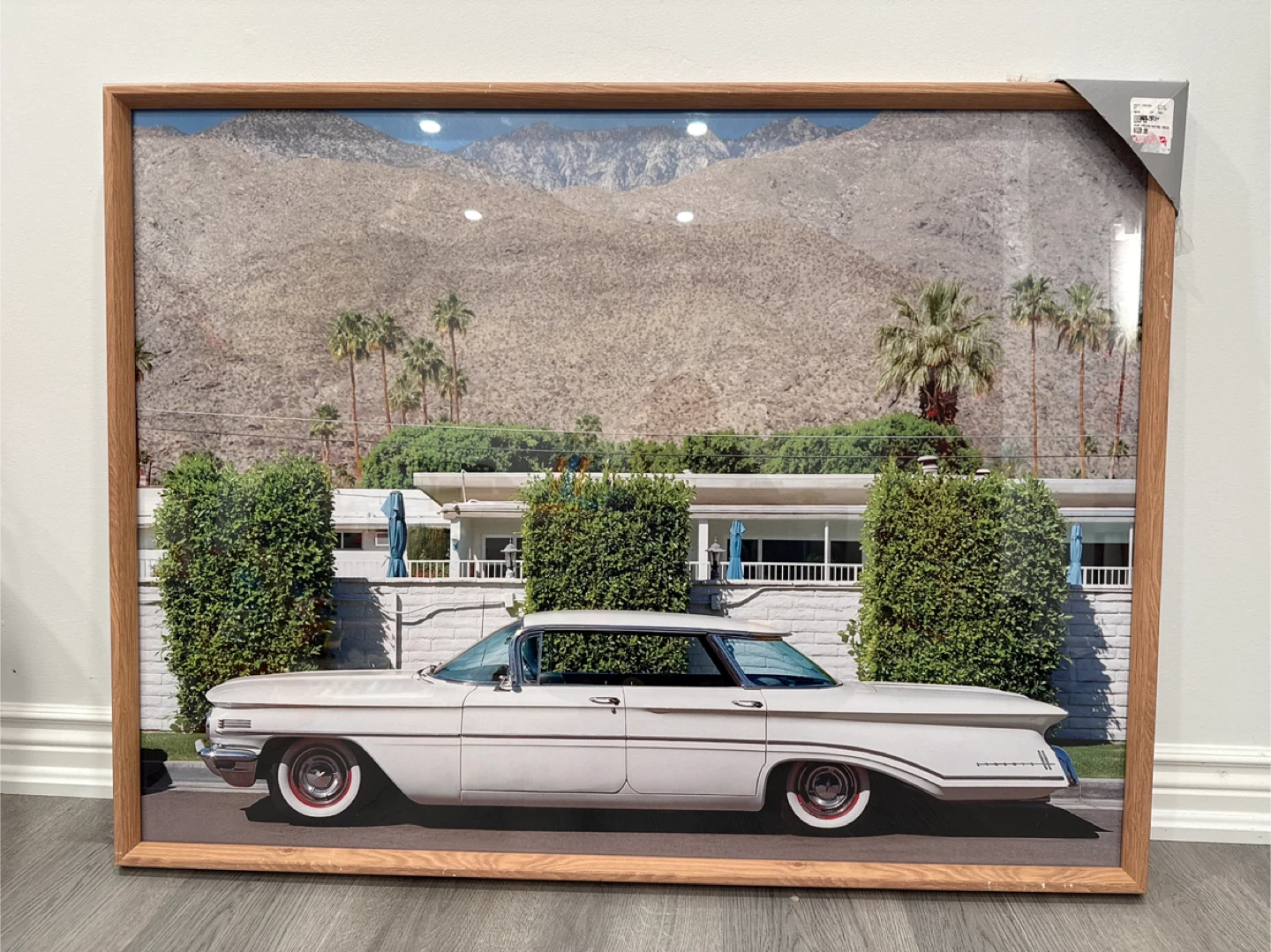 Framed Photo Print of Classic White Car with Mountain Background