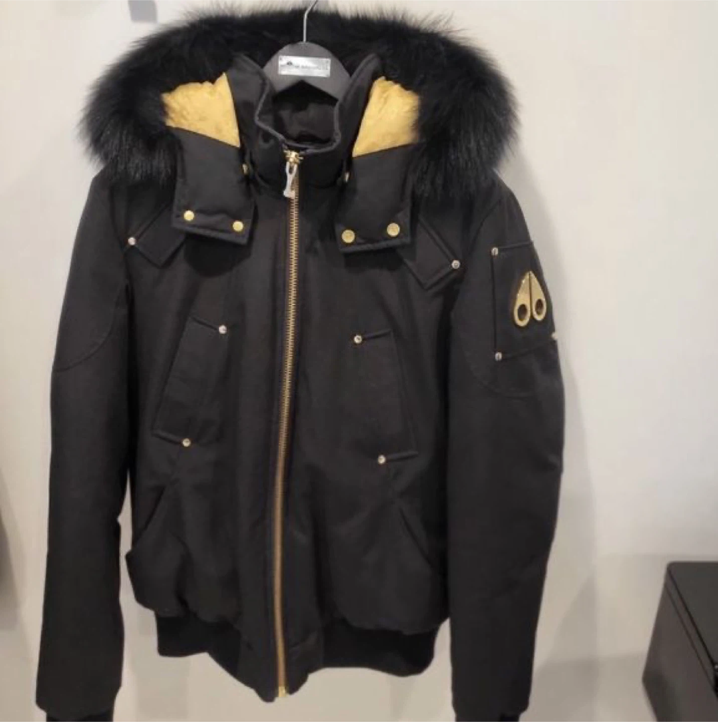 Moose Knuckles Black Bomber Jacket with Fur Hood