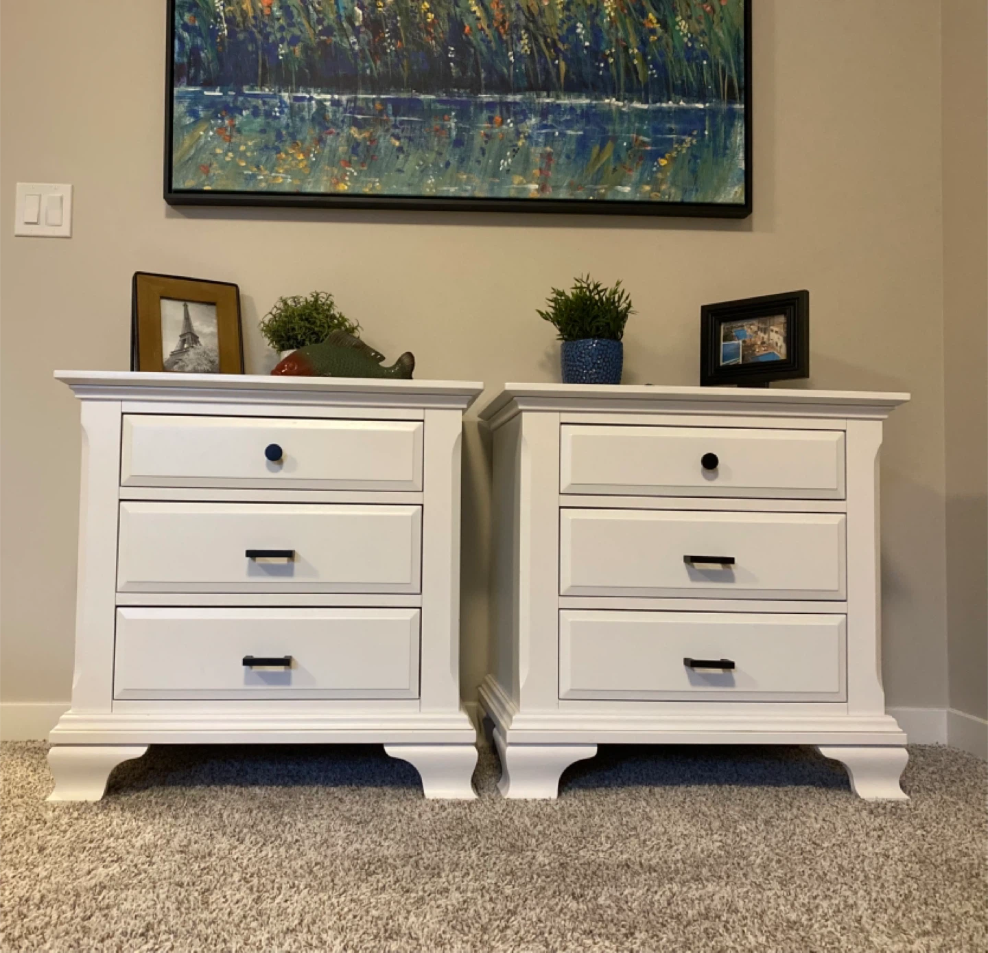 King sized White Nightstands with black hardware