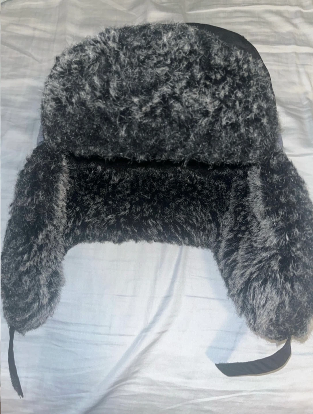 Warm Winter Trapper Hat - Black & Grey Faux-Fur