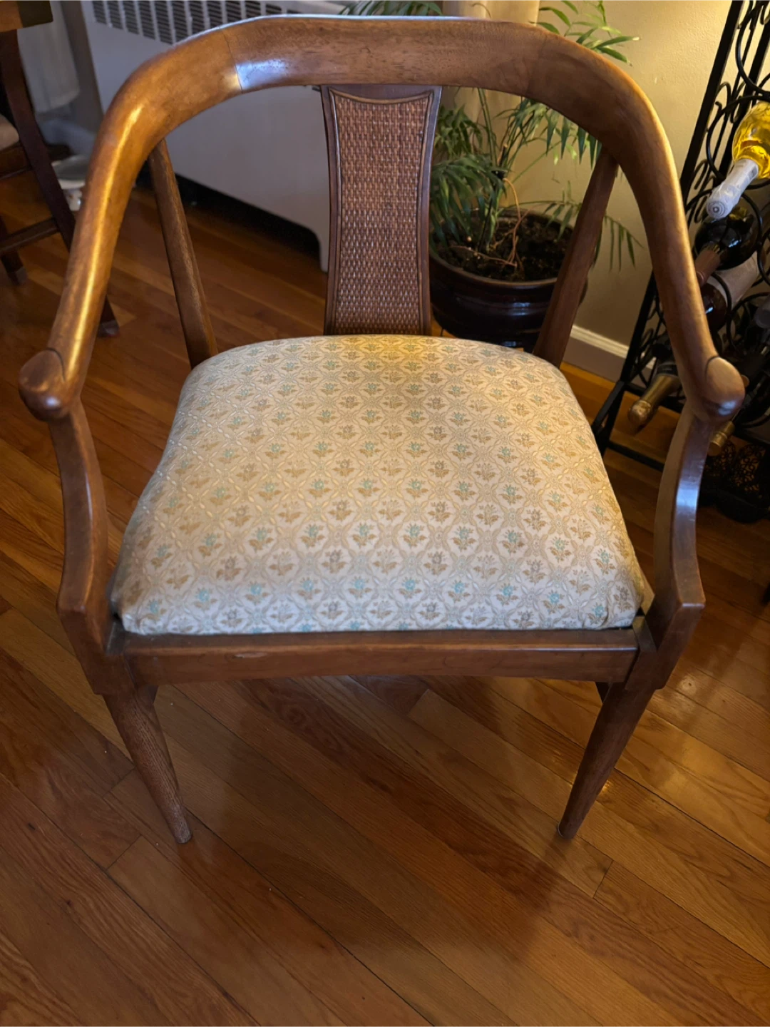 Vintage Barrel Chair with Cane Back and Floral Upholstery