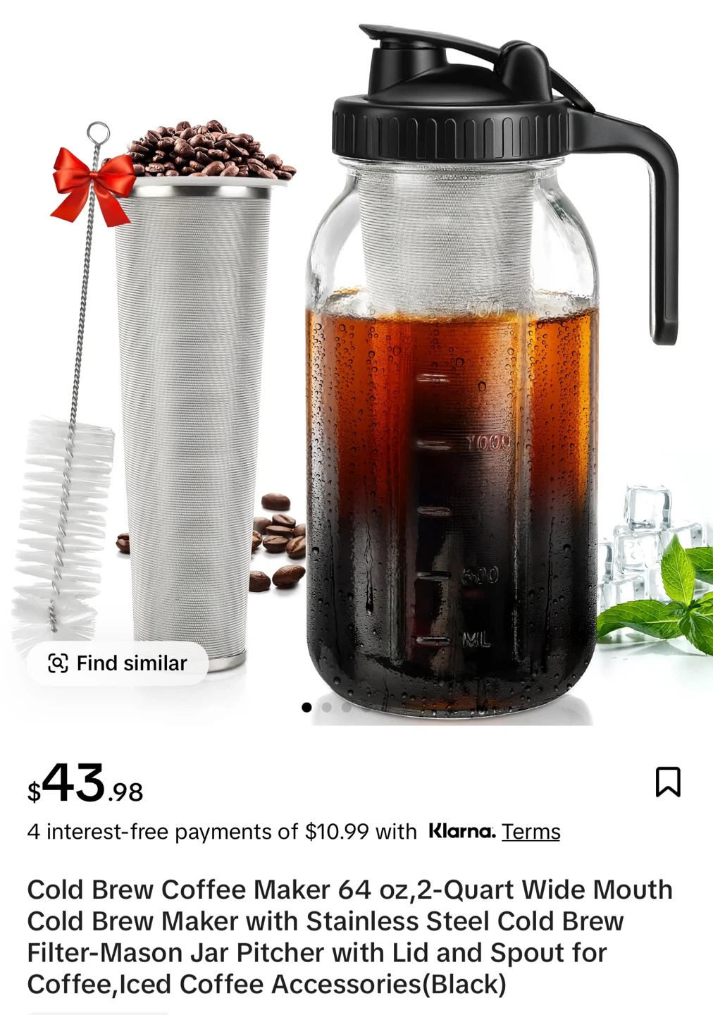 Cold Brew Coffee Maker Pitcher with Filter - 64 oz
