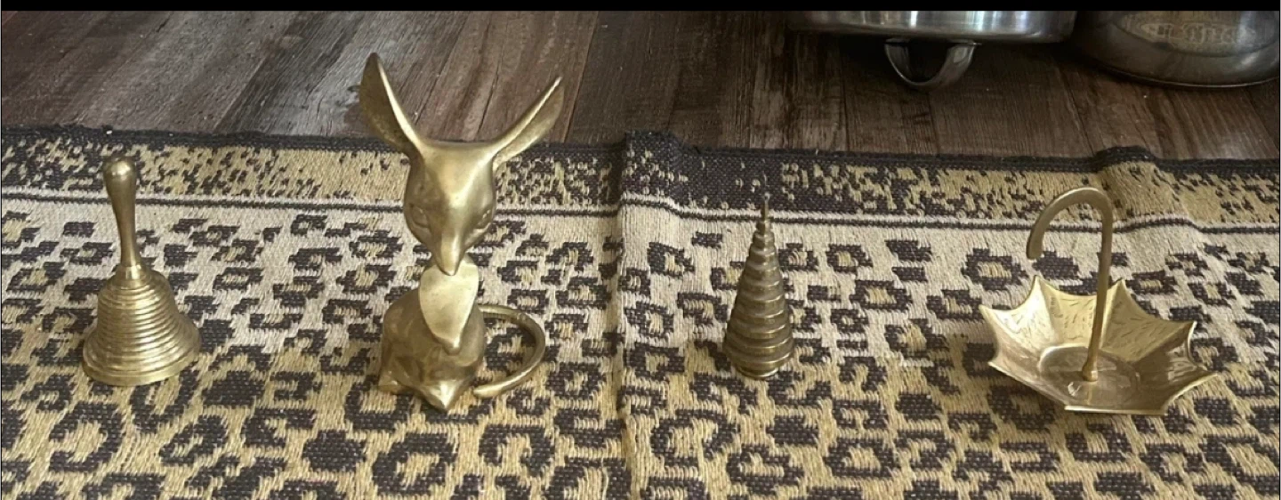 Vintage Brass Bell, Bunny, Spool, and Umbrella Decor Set
