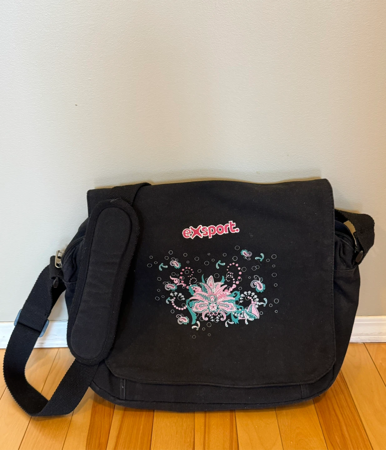 eXsport Black Messenger Bag with Floral Design