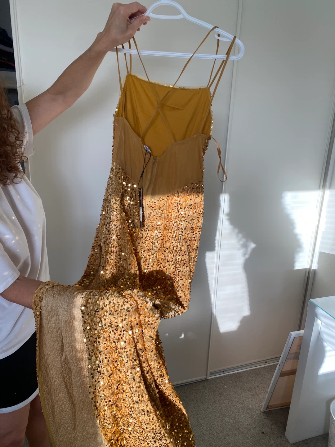 Gold Sequin Strappy Maxi Dress with Slit - photo 3