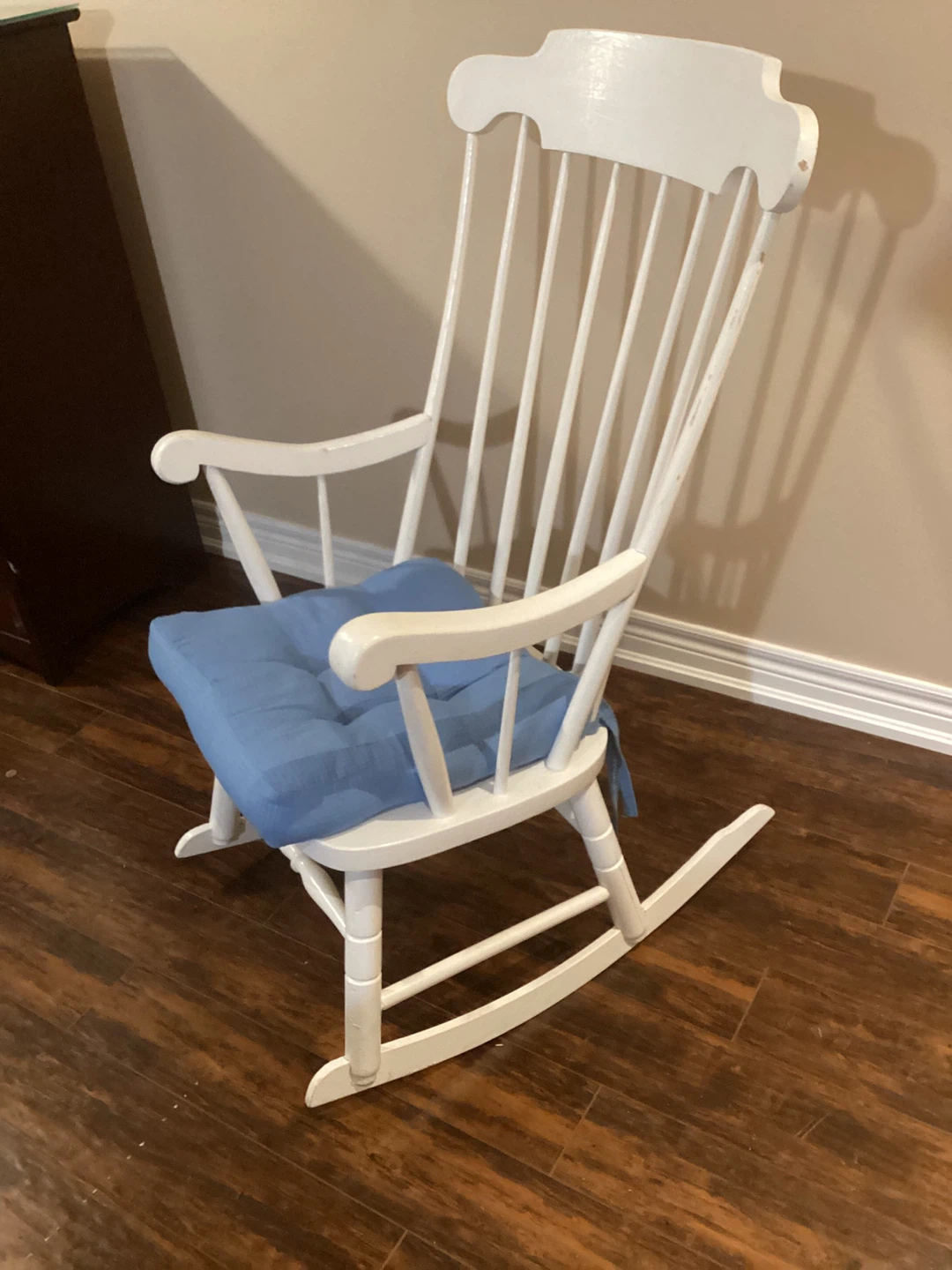 White Rocking Chair with Blue Cushion