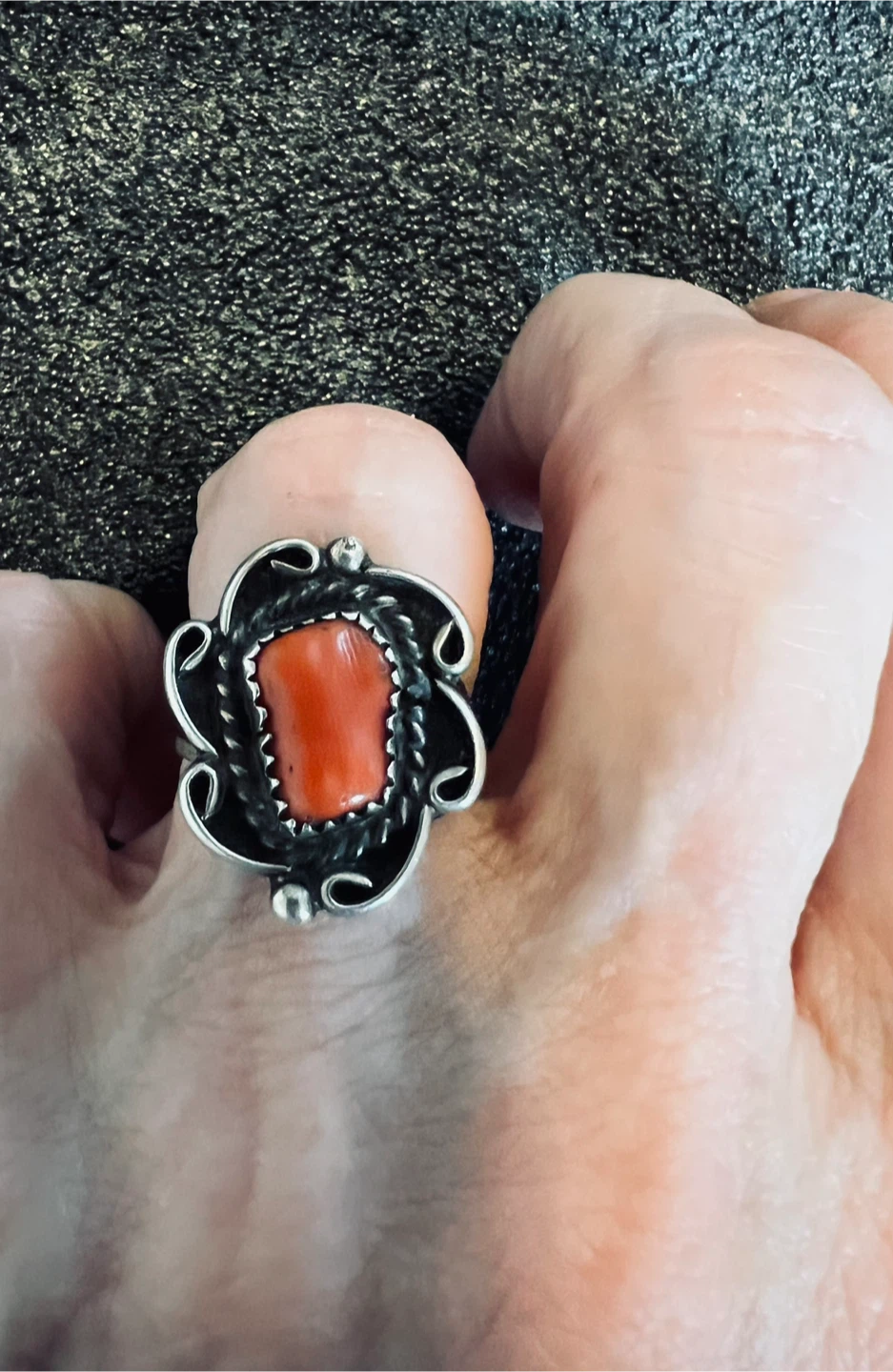 Vintage Navajo Ring with Mediterranean Coral Stone sz. 6