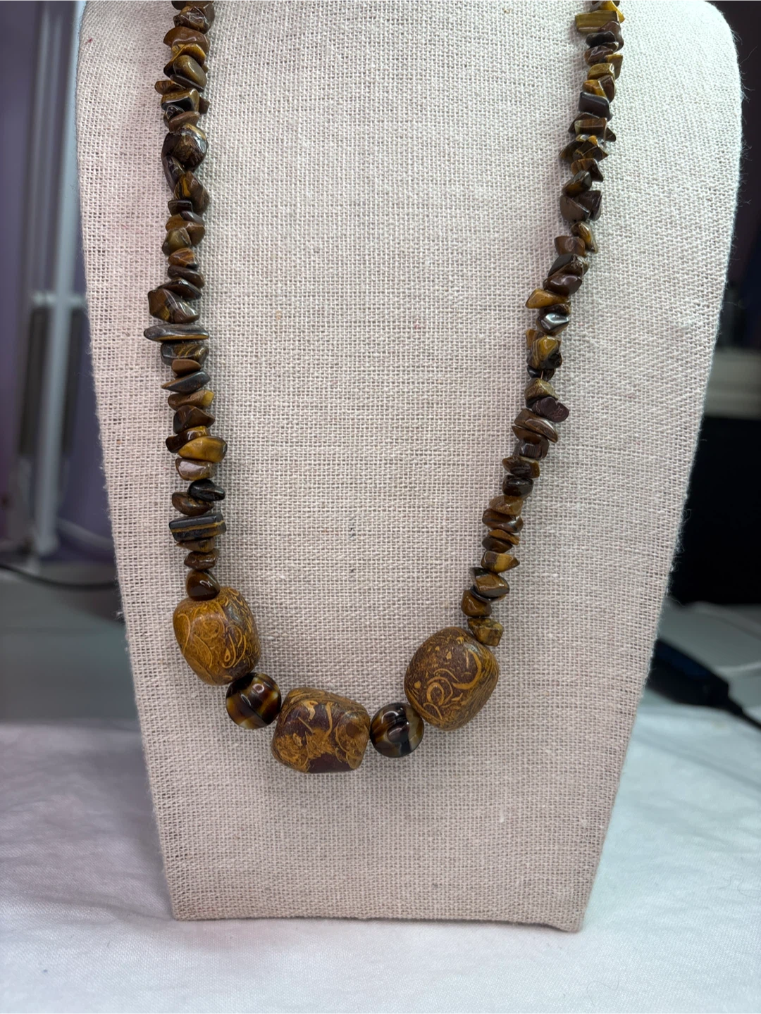 Tiger's Eye Beaded Necklace with Carved Wooden Beads