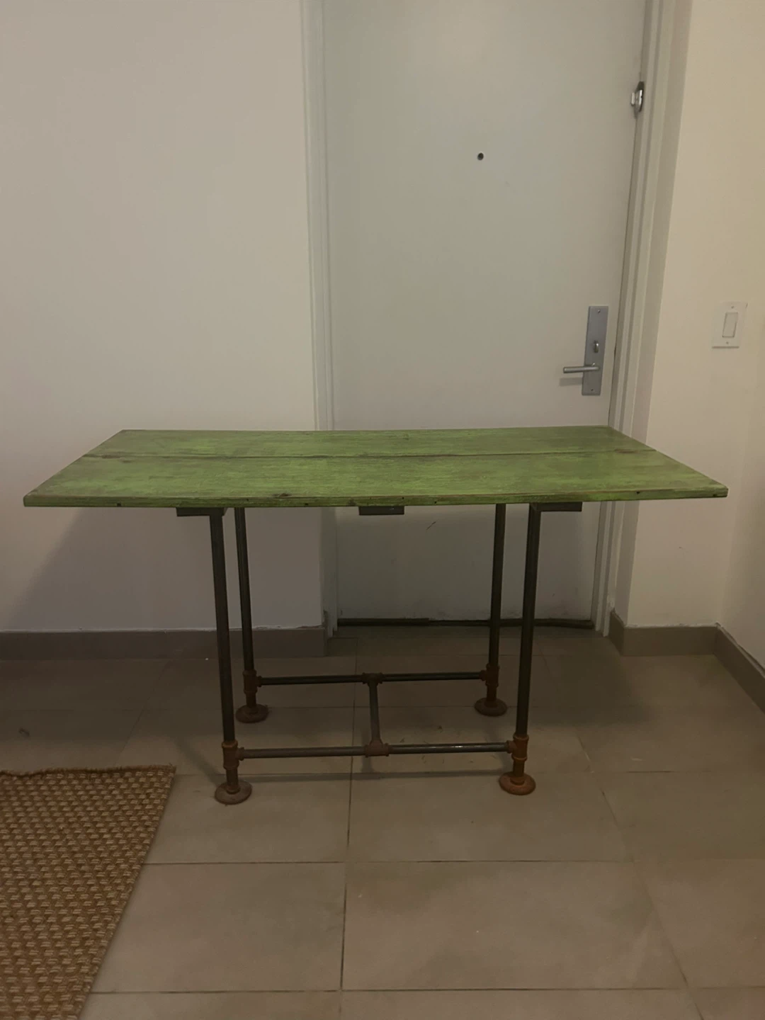 Rustic Green Table with Industrial Pipe Legs